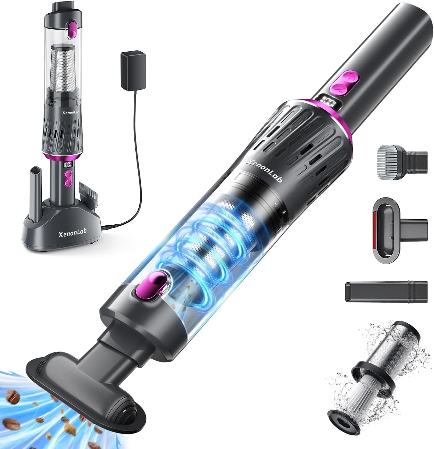 Handheld Vacuum Cordless 25000Pa Car Vacuum 3-in-1 Handheld Vacuum, Includes Smart Display and Charging Base Hand Vac Cordless Rechargeable One-Touch Empty for Home/Pet/Car (Purple)