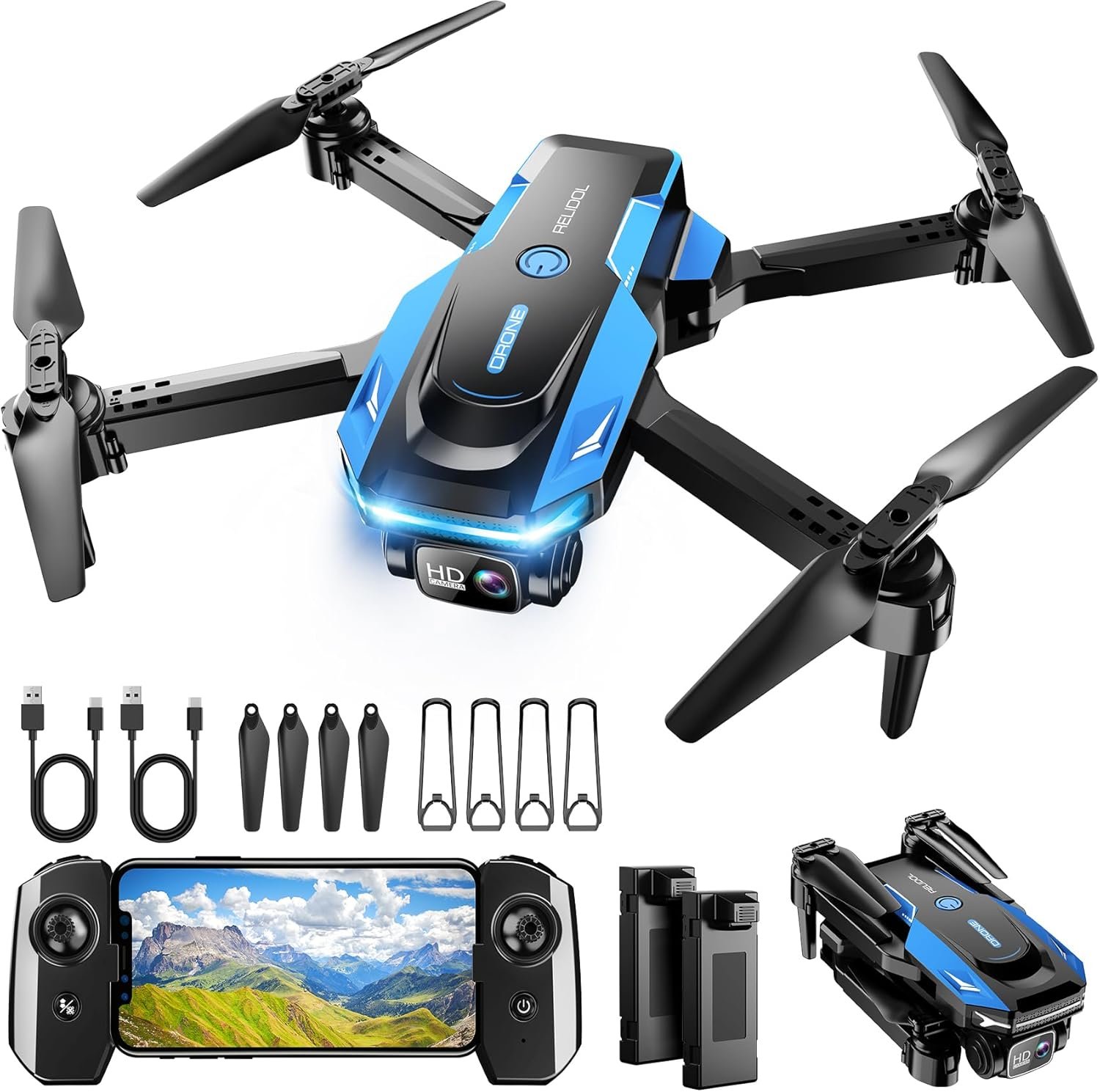 Drone with 1080P Camera – Foldable Remote Control Quadcopter with Gesture Control, 3D Flip, One Key Start, Emergency Stop, 2 Batteries, Easier to use, Toy for Adult Beginners, Black&Blue