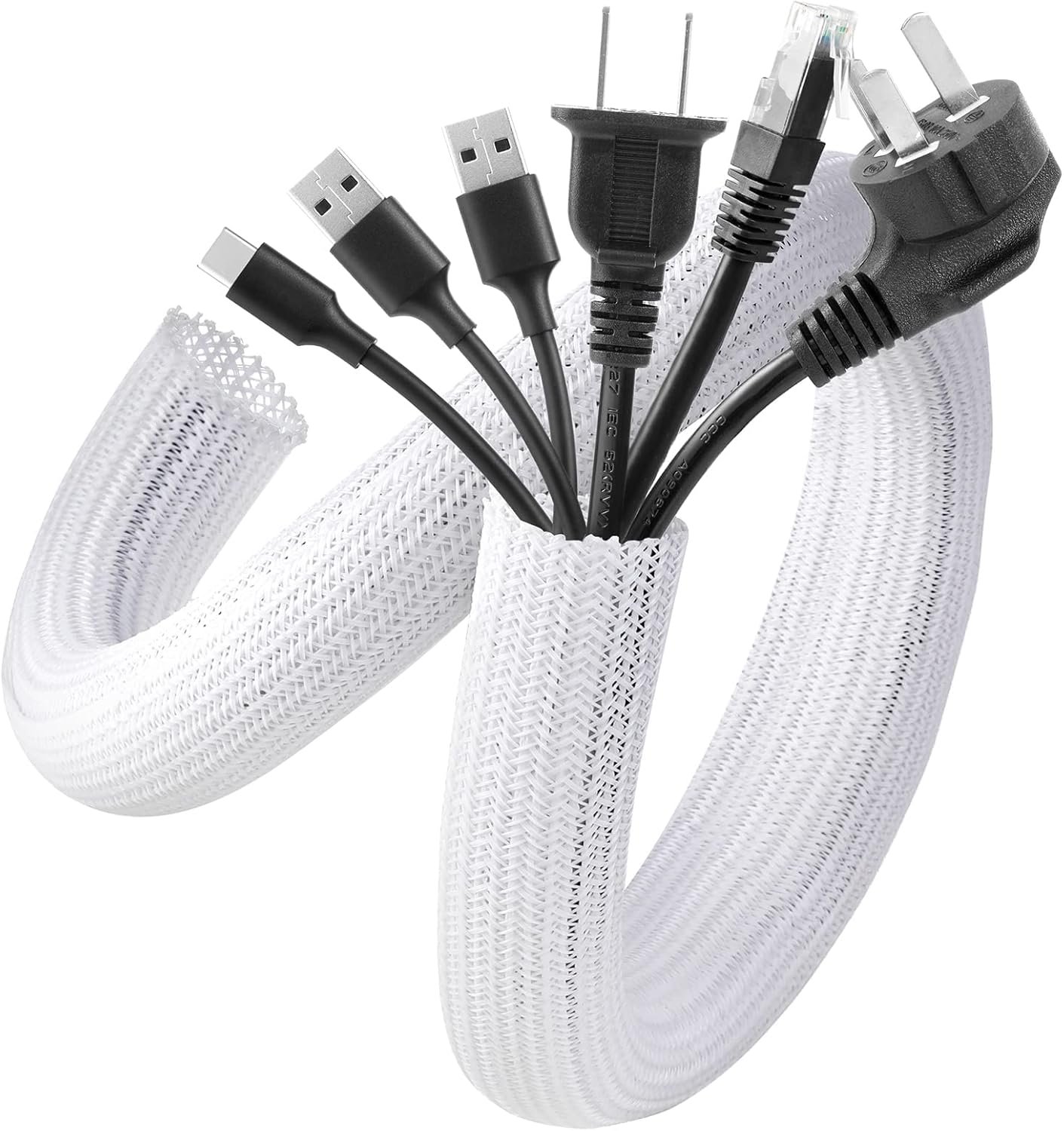 AGPTEK White Cable Sleeve, 2 Pack 5ft – 1.2 Inch Cable Management, Desk Cord Cover Organizer Wire Hider for Computer TV Wire Loom Tubing, Pet Proof Cord Protector from Cat Dog Chewing, White
