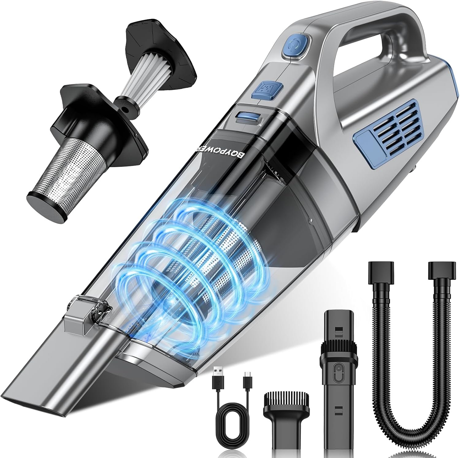 BQYPOWER Handheld Vacuum Cordless, 16000PA Strong Suction Hand Held Vacuum Cordless Rechargeable with Multiple Accessories, Portable Car Vacuum Cleaner High Power for Car Home Office