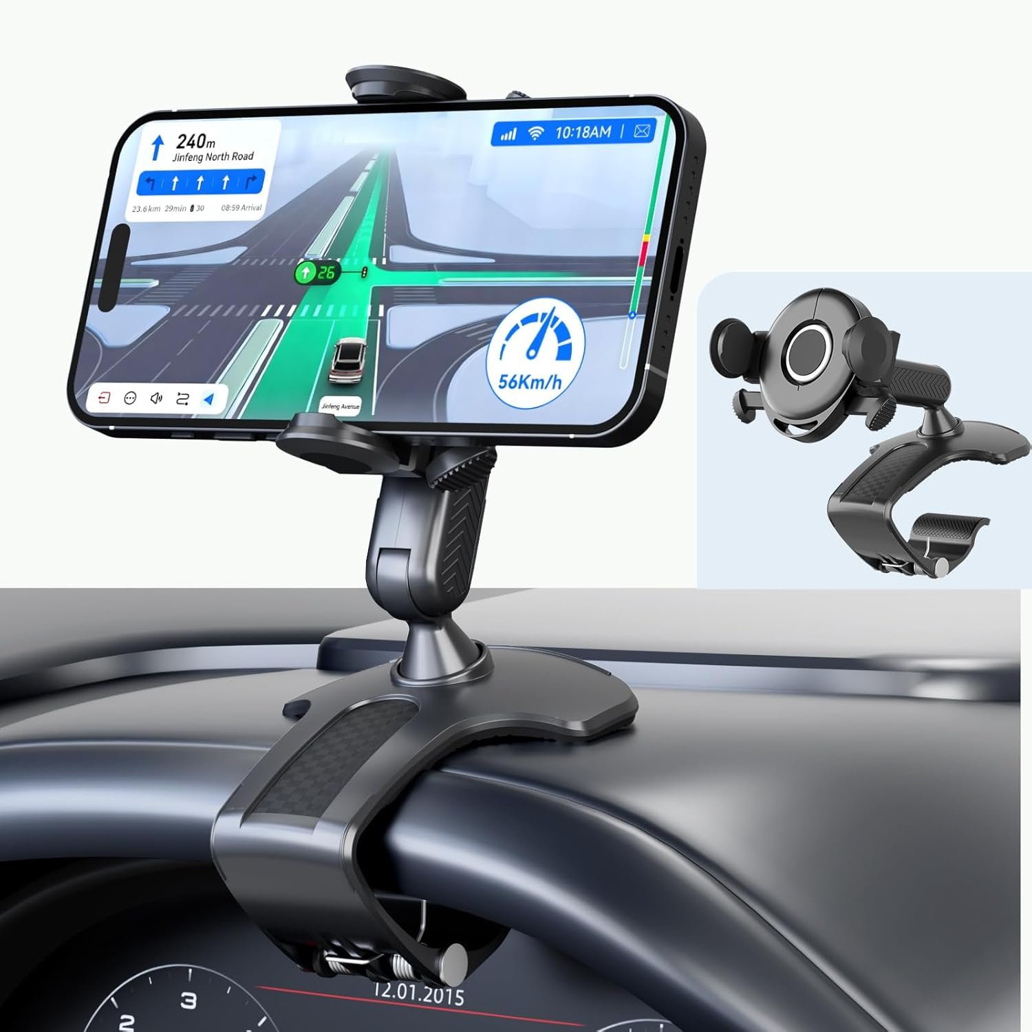 Universal 360° Dashboard Phone Holder – Clip-On Car Phone Mount with One-Push Lock, Fits 4–7 Inch Smartphones, No Adhesive, Multi-Mount for Dashboard, Sun Visor, or Rearview Mirror (Black)