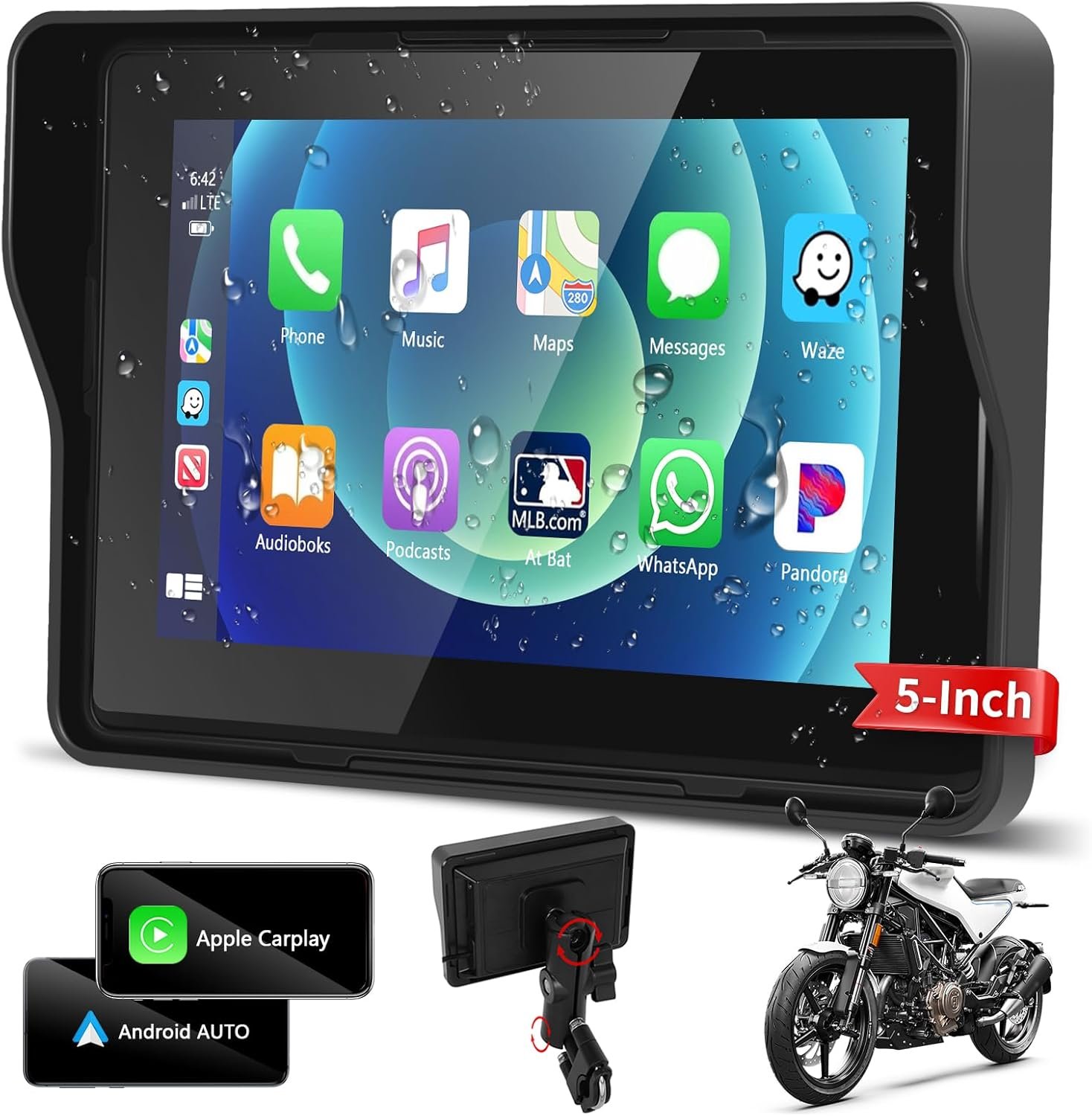 Podofo Upgrade Motorcycle GPS Wireless Apple Carplay/Android Auto Waterproof Car Stereo, 5″ IP67 Waterproof IPS Touchscreen with Dual Bluetooth,Navigation/Siri/Goog-le for Motorbike