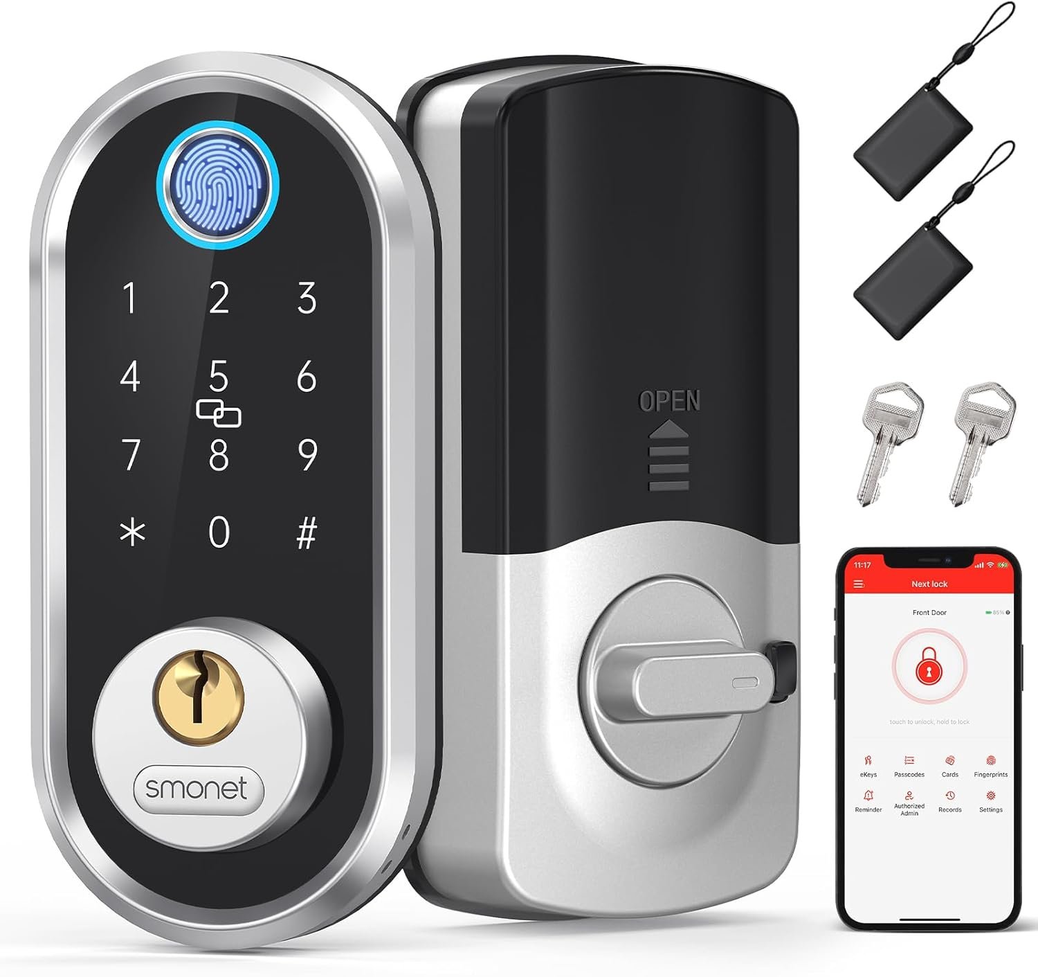Smart Lock Deadbolt – Bluetooth Keyless Entry Door Lock for Front Door, Fingerprint Electronic Keypad Door Lock with App Control & Remote eKey Sharing, Easy Installation for Home, Silver