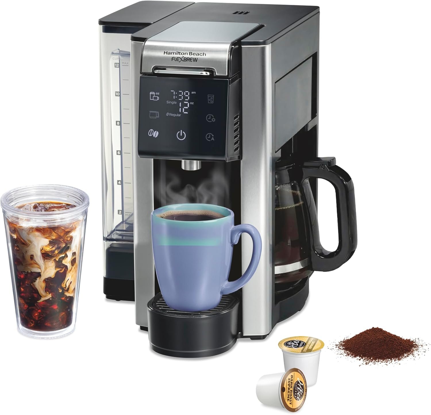 Hamilton Beach FlexBrew Advanced 5-in-1 Programmable 12 Cup Drip and Single Serve Hot & Iced Coffee Maker with Movable 60 oz. Water Reservoir, Use Pod Packs and Grounds, Fast Brewing, Black (49924)