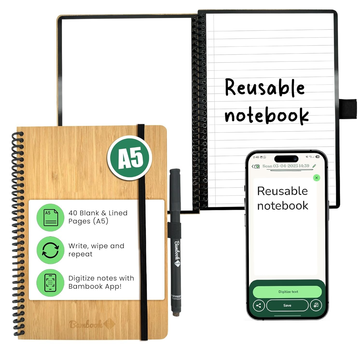 Bambook Classic – Reusable Notebook – Luxurious Bamboo Hardcover – A5 – Blank & Lined – Rewritable, Dry Erase, Whiteboard, Erasable – Free Pen Scan App