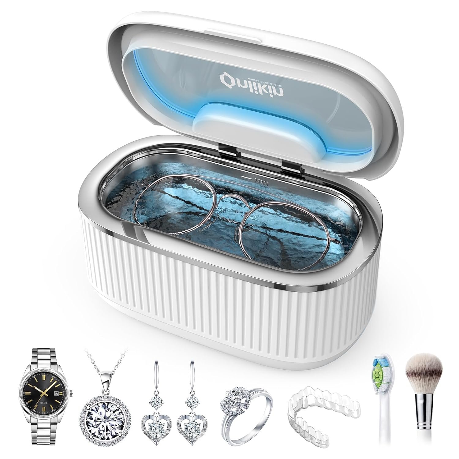 45KHz Ultrasonic Jewelry Cleaner, 5 Timer & 3 Power Modes, 35W Retainer Cleaner for Jewelry, Eyeglasses, Rings, Watch Strap, Dentures – Quiet