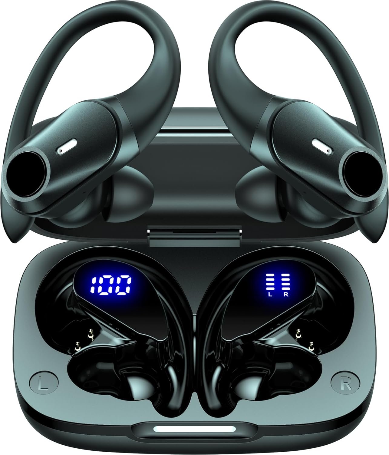 Active Noise Cancelling Wireless Earbuds Bluetooth Headphones 80H Playtime Ear Buds with Power Display Case Hi-Res Sound & Clear Calls Over Ear Hooks Earphones for Sports Running Gym Workout Black