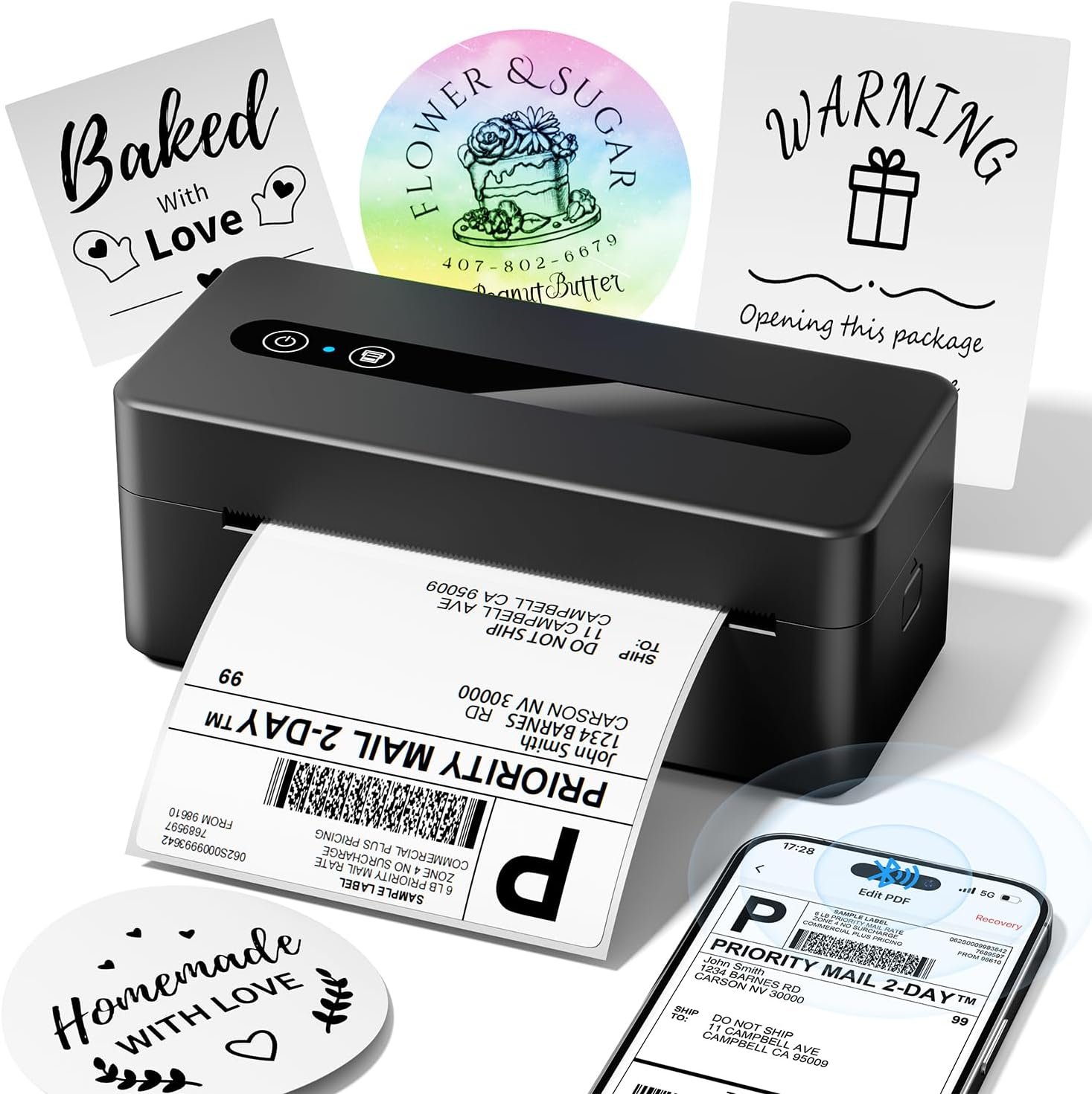 TATTMUSE Bluetooth Thermal Label Printer, 4X6 Shipping Label Printer for Small Business, Thermal Printer Sticker Printer Compatible with Phone, iOS, Android, Windows, Mac, Amazon, Shopify