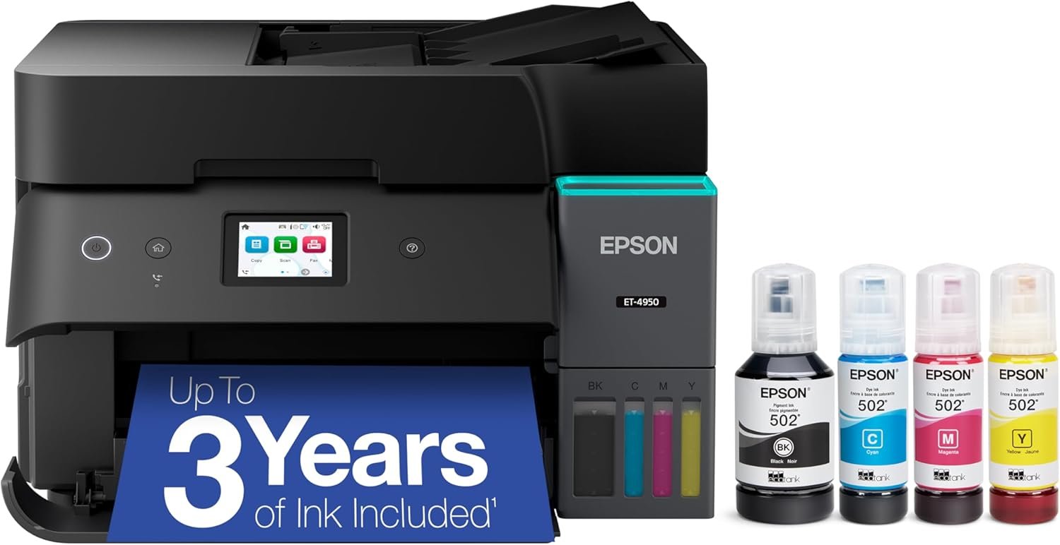 Epson EcoTank ET-4950 Wireless All-in-One Color Supertank Printer with up to 3 Years of Ink Refillable Tanks, Perfect for Home, 18 PPM, 2.4″ Colorful Touchscreen, Auto Document Feeder – Black