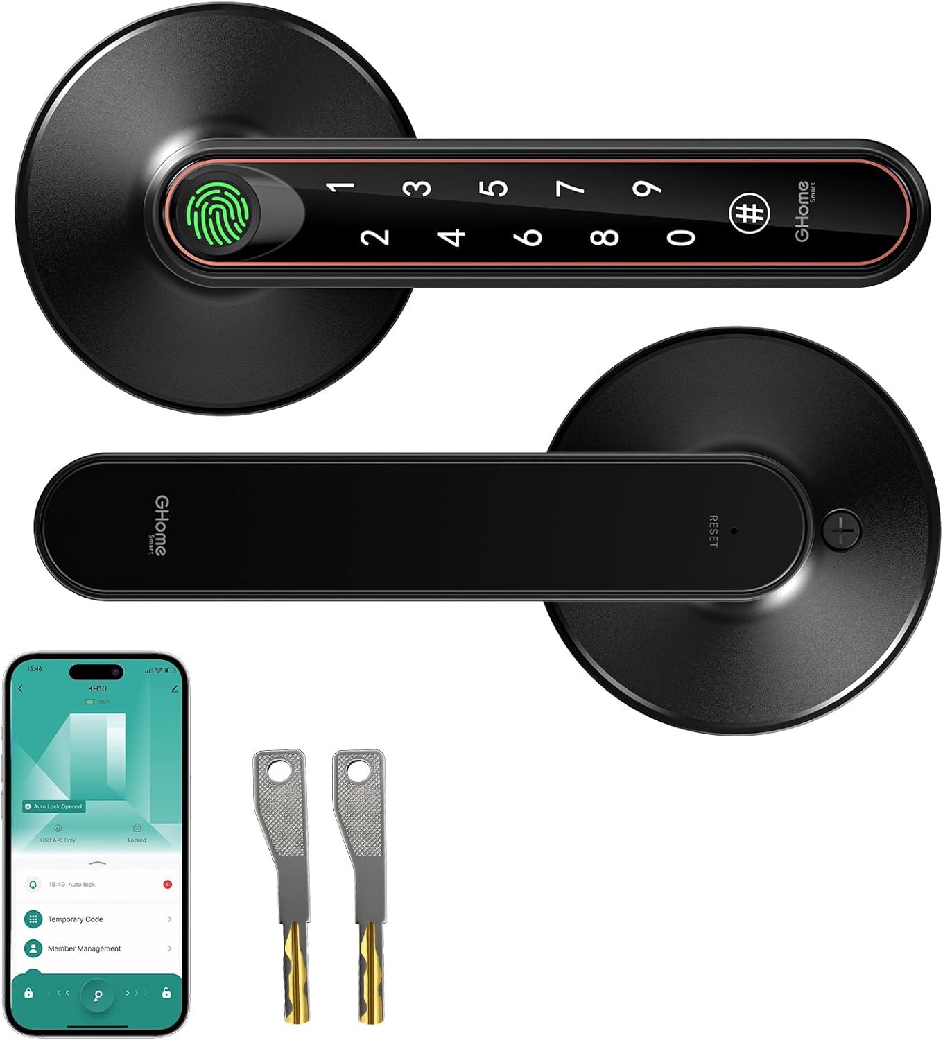 GHome Smart Fingerprint Door Lock with Knob 4 in 1 Keyless Entry Door Locks with Keypad Unlocking by Fingerprint, APP, Passcode and Keys for Bedroom Home Hotel Easy Installation Door Knob