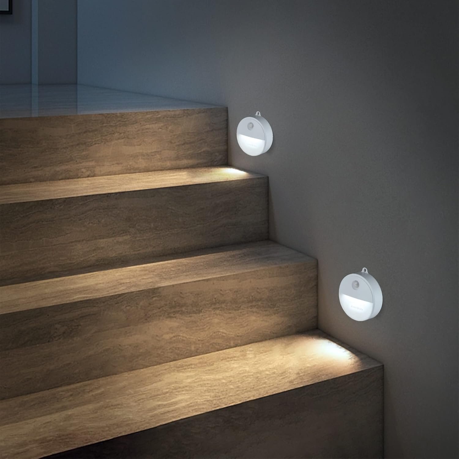 EverBrite LED Motion Sensor Night Light, Automated On & Off, Cool White Motion Activated LED Night Light for Kitchen, Bathroom, Stairs, Bedroom – with 18 AAA Batteries, 6-Pack