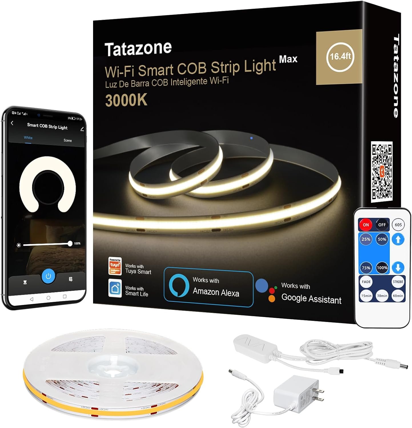 Tatazone Smart White COB Led Strip Light with App and Remote, 16.4ft 3000K Bright Warm White WiFi COB Light Strip Compatible with Alexa Google, Dimmable Indoor Led Lights for Mirror, Cabinet, Kitchen