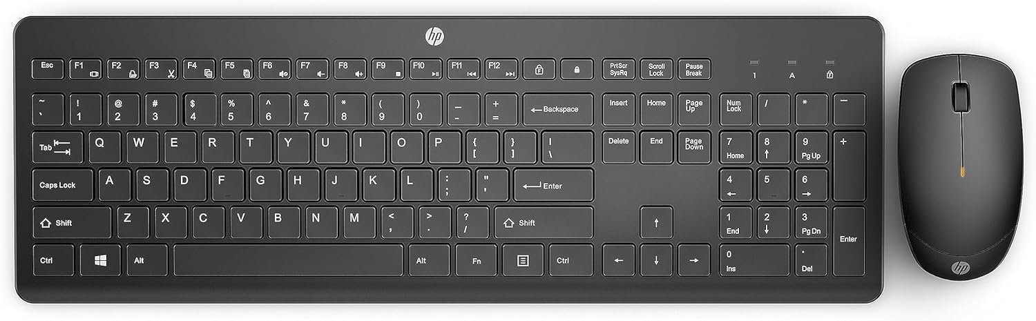HP 230 Wireless Mouse and Keyboard Combo – 2.4GHz Wireless Connection – Long Battery Life – Durable & Low-Noise Design – Windows & Mac OS – Adjustable 1600 DPI – Numeric Keypad (18H24AA#ABA)