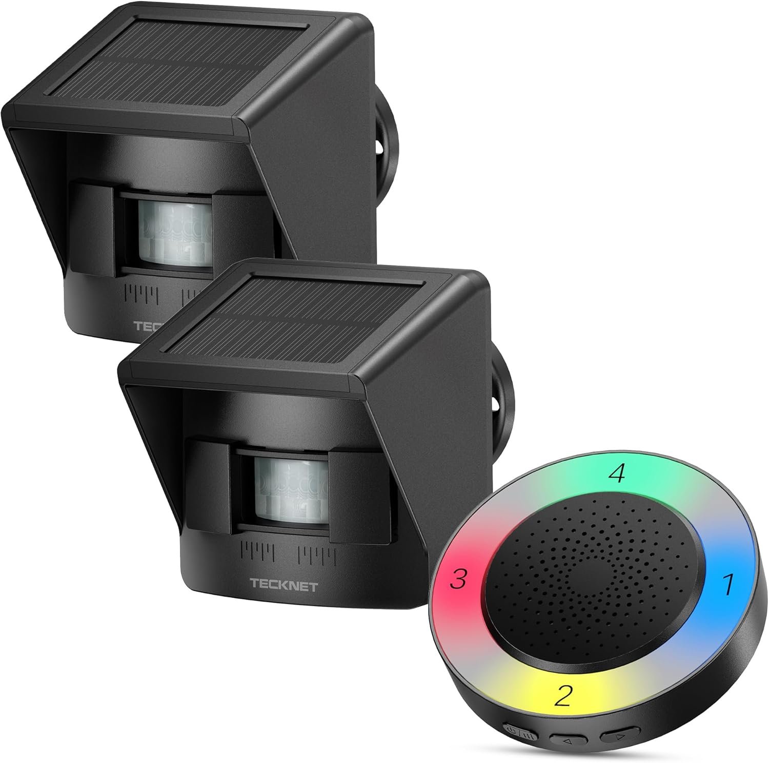 TECKNET Solar Wireless Driveway Alarm with 2600FT Long Range & 36 Melodies & 5 Volumes and Supports 4 Zones Weatherproof Motion Sensor Alarm to Protect Inside /Outside Property (1 Receiver 2 Sensor)