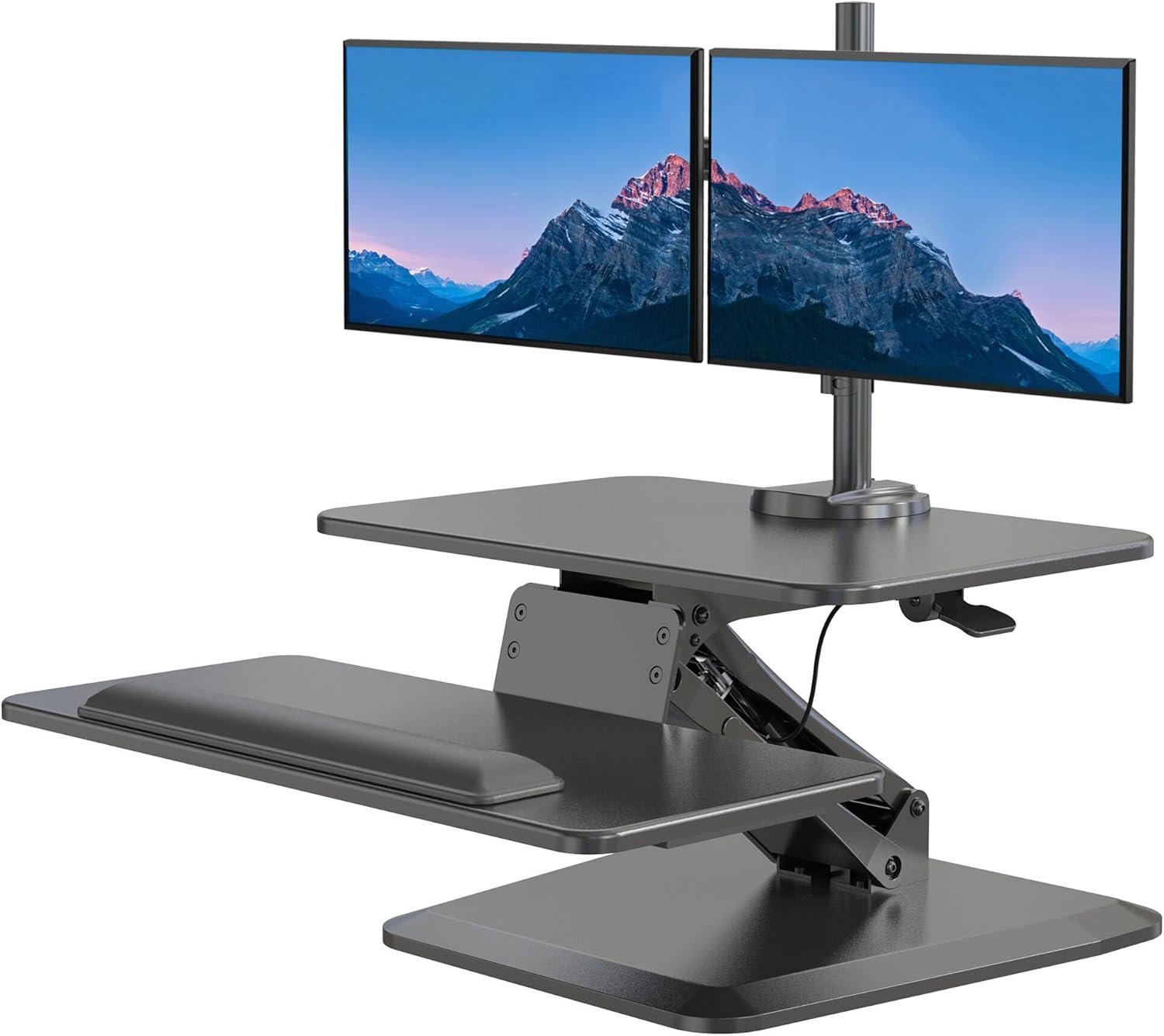 Mount-It! Standing Desk Converter, Stand Up Desk Riser with Dual Monitor Mount, Adjustable Workstation in Black, Top Platform 23″ Wide, Keyboard Mouse Tray 27″ Wide, Raises 5″ to 17″ Tall