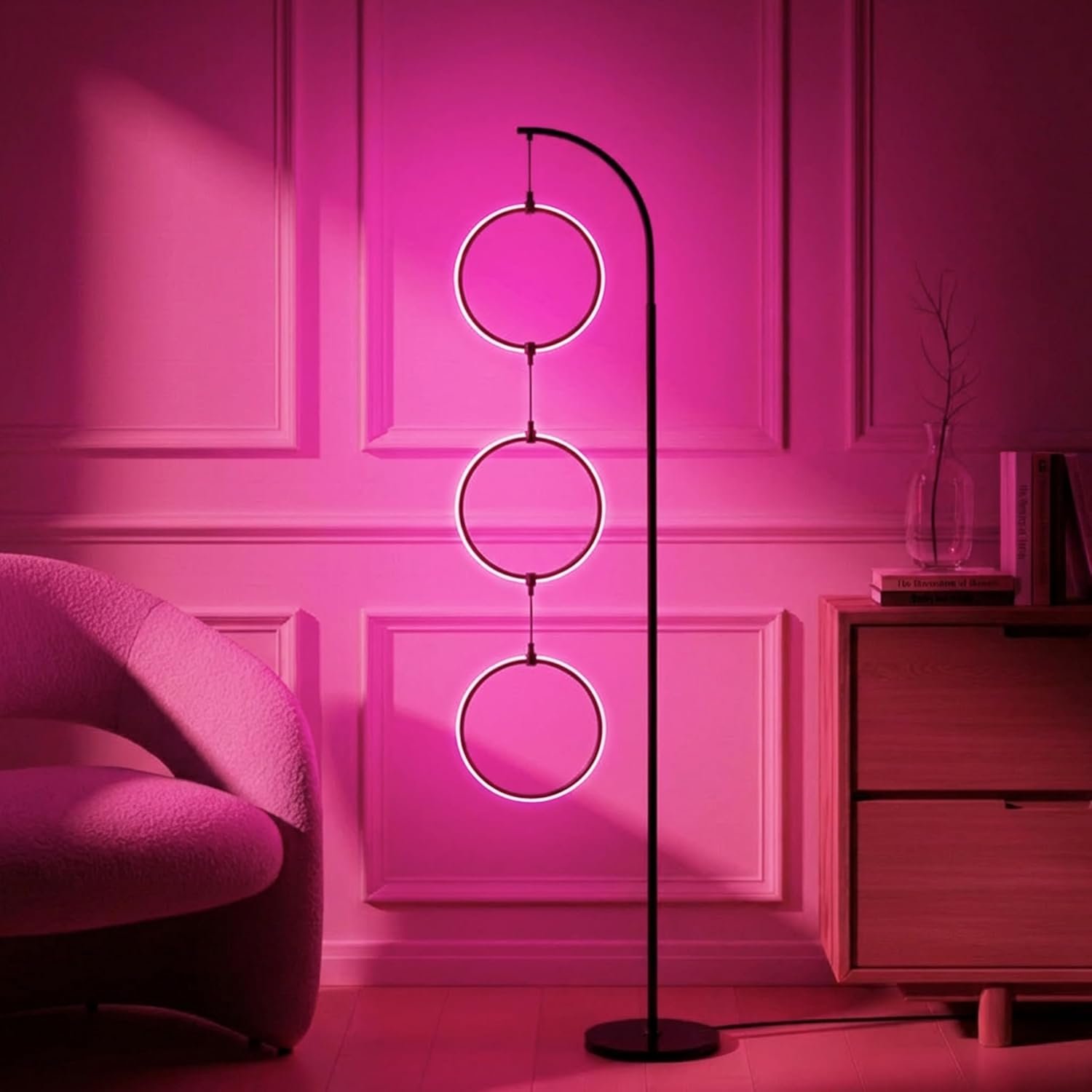 Brightech Nova Modern Color Changing Floor Lamp – LED Lamp with Stunning RGB Color Gradient and Contemporary 3-Circle Ring-Style Pendant – Corner or Over-The-Couch Arching Pole Standing Lamp – Black