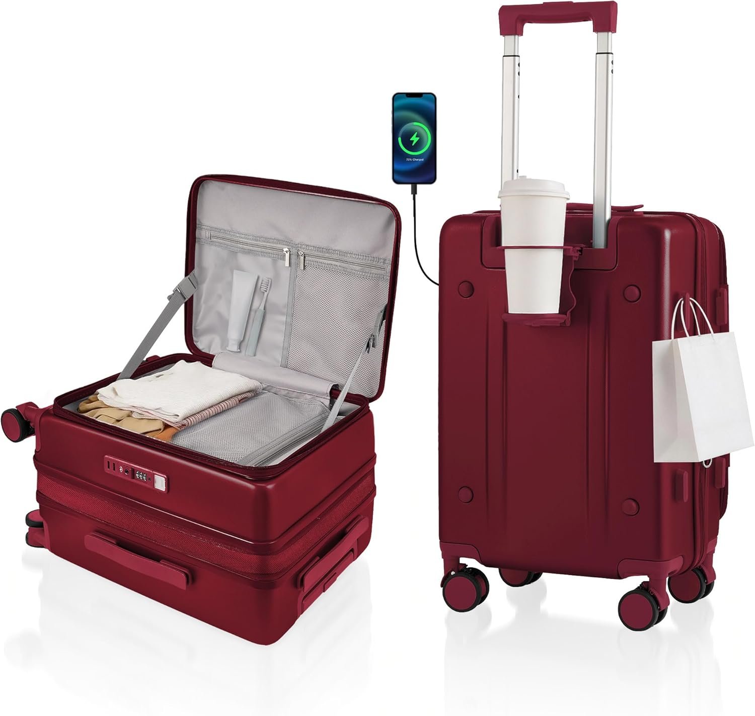 Expandable 20Inch Carry On Luggage Airline Approved – Top Opening Hardside Travel Suitcase Unbreakable -with Cup Holder,USB Charge,Side Pothook, 360°Spinner Wheels, TSA Lock-Wine Red