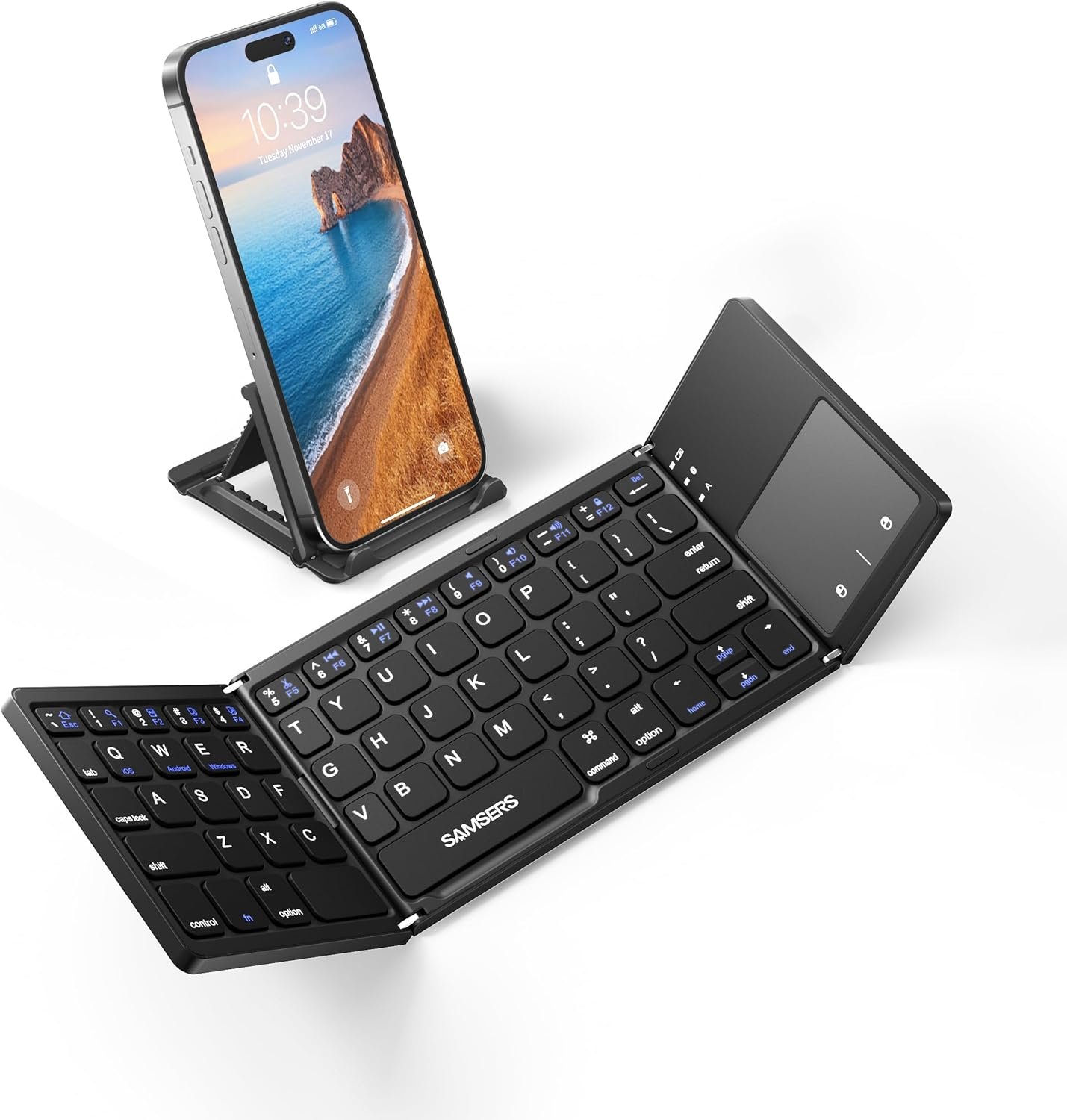 Samsers Foldable Bluetooth Keyboard with Touchpad – Portable Wireless Keyboard with Holder, Rechargeable Full Size Ultra Slim Pocket Folding Keyboards for Android Windows iOS Tablet & Laptop – Black