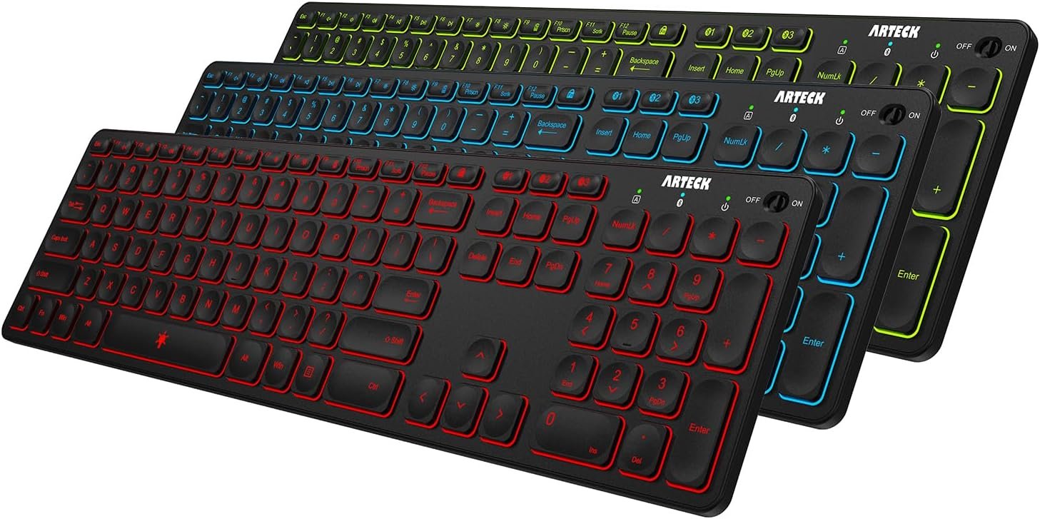 Arteck Universal Backlit 7-Colors & Adjustable Brightness Multi-Device Full Size Wireless Bluetooth Keyboard for Windows, iOS, iPad OS, Android, Computer Desktop Laptop Surface Tablet Smartphone