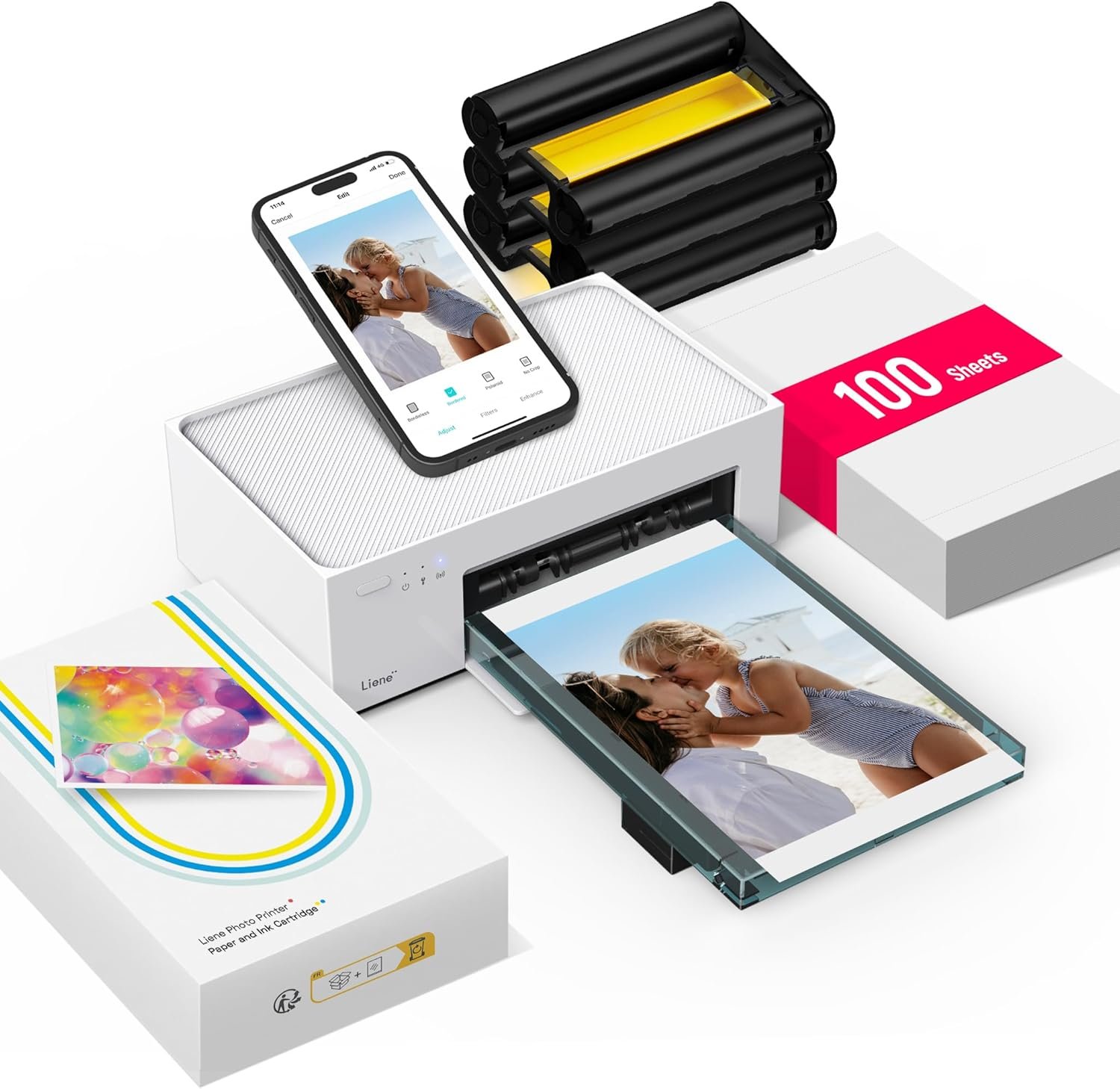 Liene M100 4×6” Photo Printer, Phone Printer 100 Sheets & 3 Cartridges, Full-Color Photo, Portable Instant Photo Printer for iPhone Android, Thermal Dye Sublimation, Wi-Fi Picture Printer 100 Papers