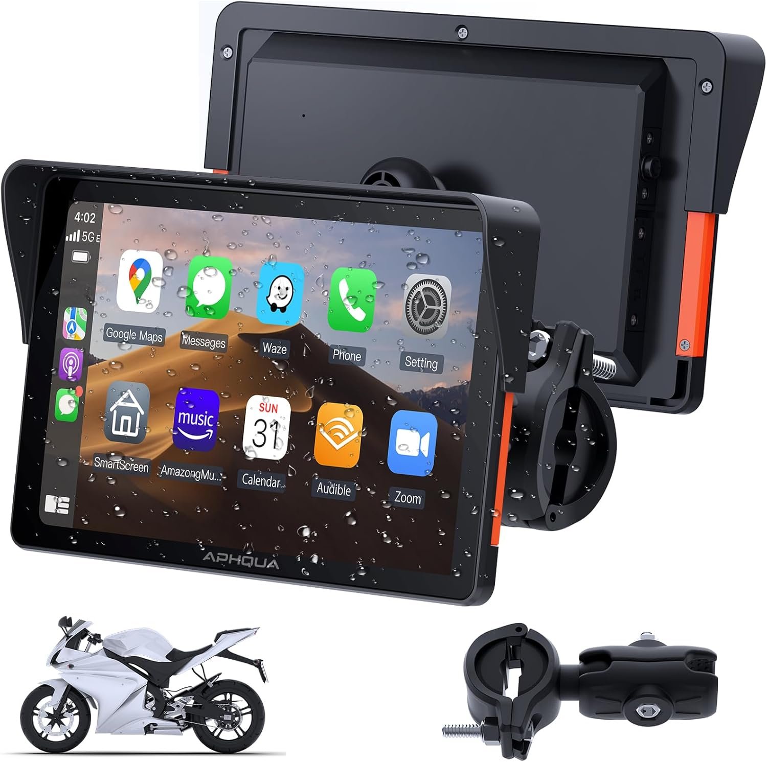 Motocycle Carplay-7-Inch Motorcycle GPS Navigation System with Apple CarPlay & Android Auto, Waterproof Touchscreen, Bluetooth, IP67 Waterproof for Motorbike, Support Siri & Google Assistant