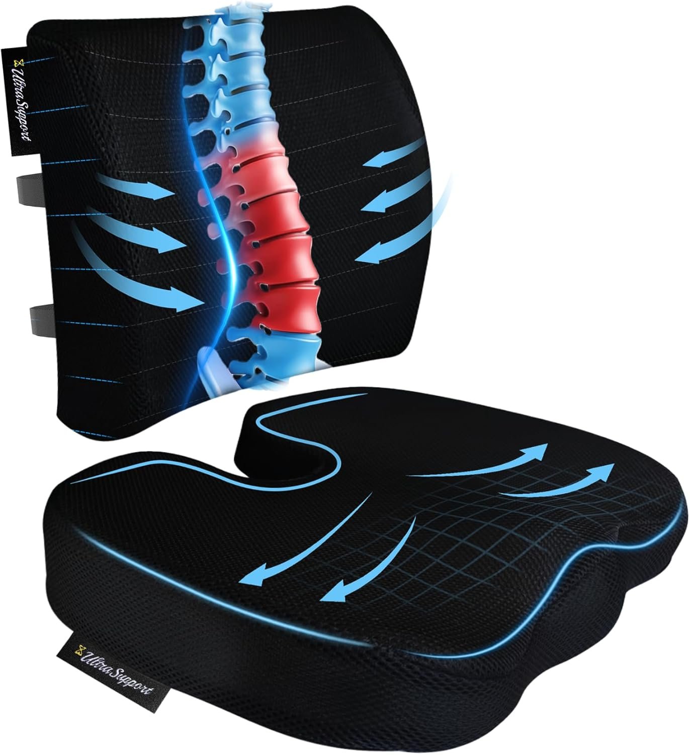 Seat Cushion &Office Chair Cushion,Lumbar Support Pillow for Office Chair,Ergonomic Memory Foam Non-Slip Office Chair Cushion,Back Support Cushions for Tailbone&Sciatica Pain Relief Black