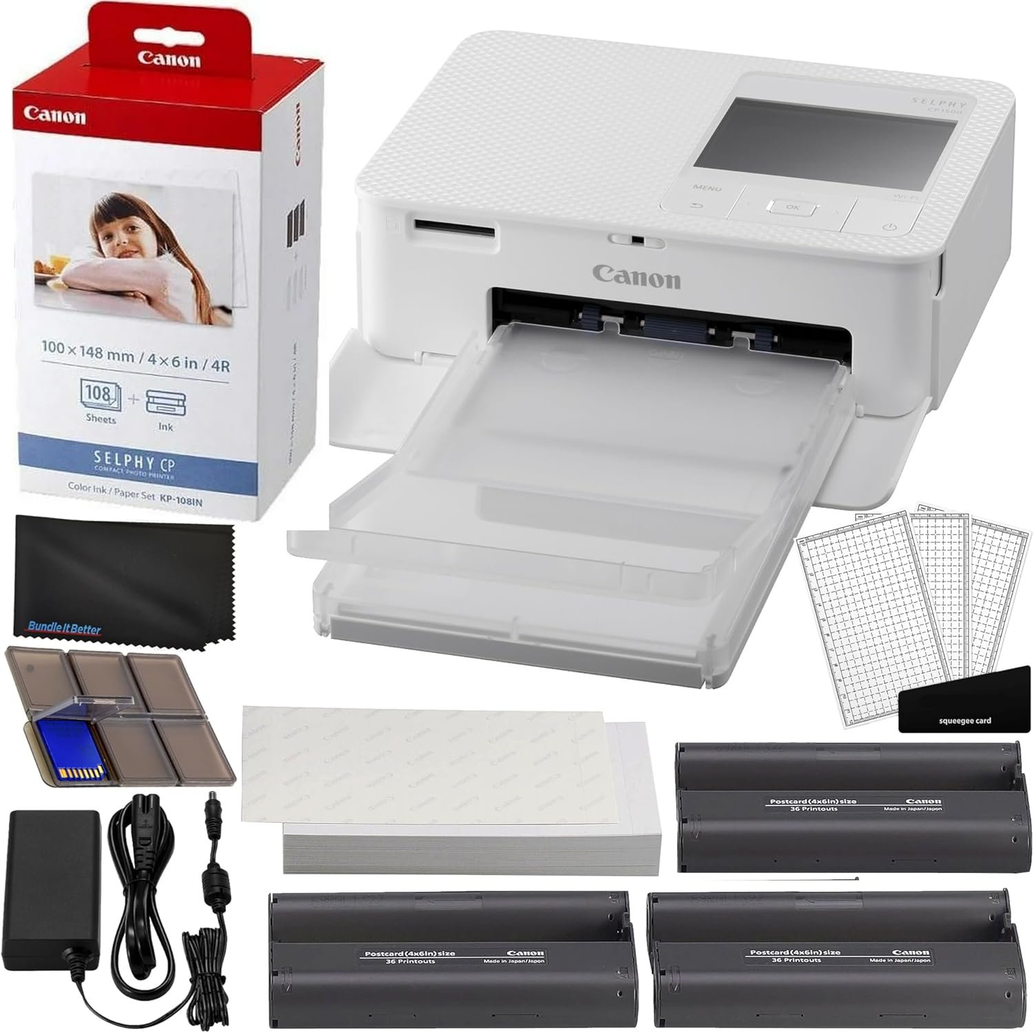 Canon Selphy CP1500 Wireless Compact Photo Printer (White) Bundle with KP-108IN Color Ink Paper Set (108 Sheets of 4×6 Paper + 3 Ink Cartridges) + Memory Card Holder + More