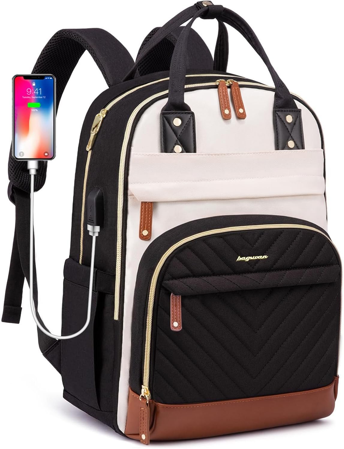 Laptop Backpack for Women Bag – 15.6 inch Work Travel Backpack with USB Charger College Bookbag Waterproof Business Computer Backpack Anti-theft Casual Backpacks for Nurse Teacher Beige Black Brown