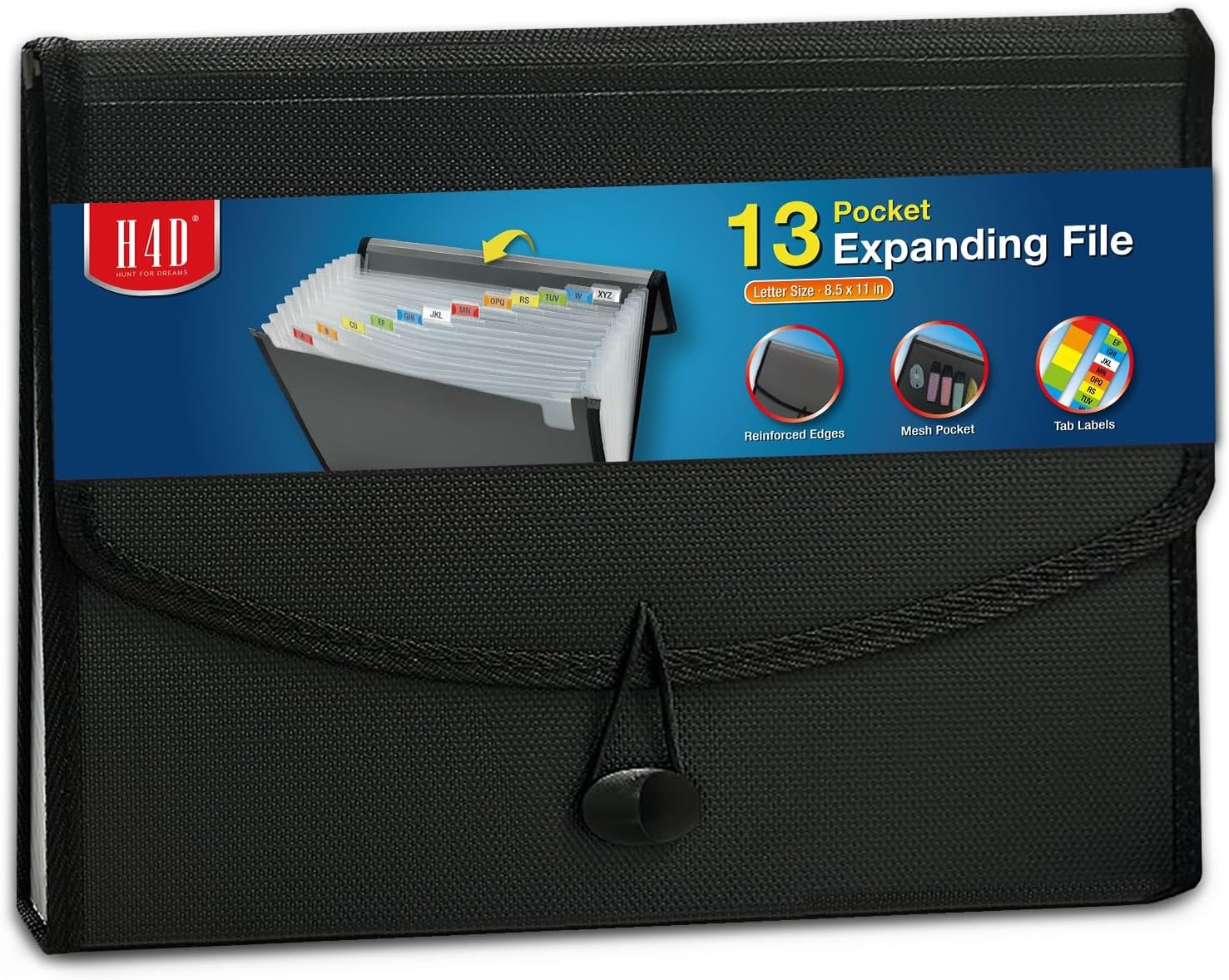 H4D 13-Pocket Accordion File Organizer with Mesh Pocket, Expanding File Folder with Tabs, Expandable Document Organizer for Home Office School, Letter Size, Black