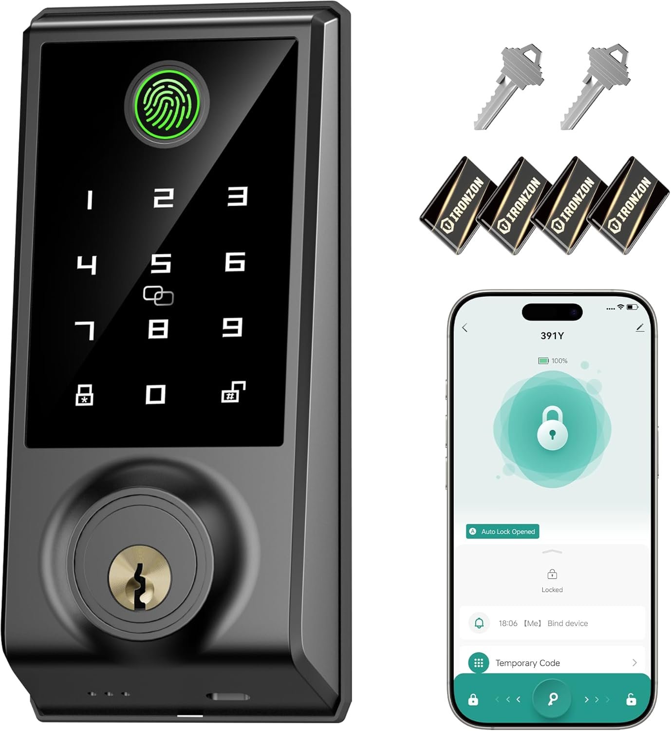 IRONZON Smart Door Lock, 5-in-1 Keypad Deadbolt for Front Door, Keyless Entry Door Lock with App Control, Auto-Lock, Anti-Peeping Password, 4 IC Cards, 15-Min Installation, Black