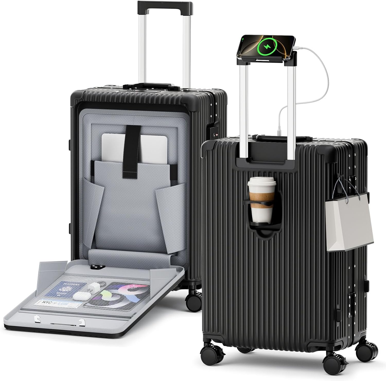 20 Inch Aluminum Frame Carry On Luggage with Front Pocket, USB Port, Phone Holder & Cup Holder, Hard Shell Spinner Suitcase for Airplane Travel, Black