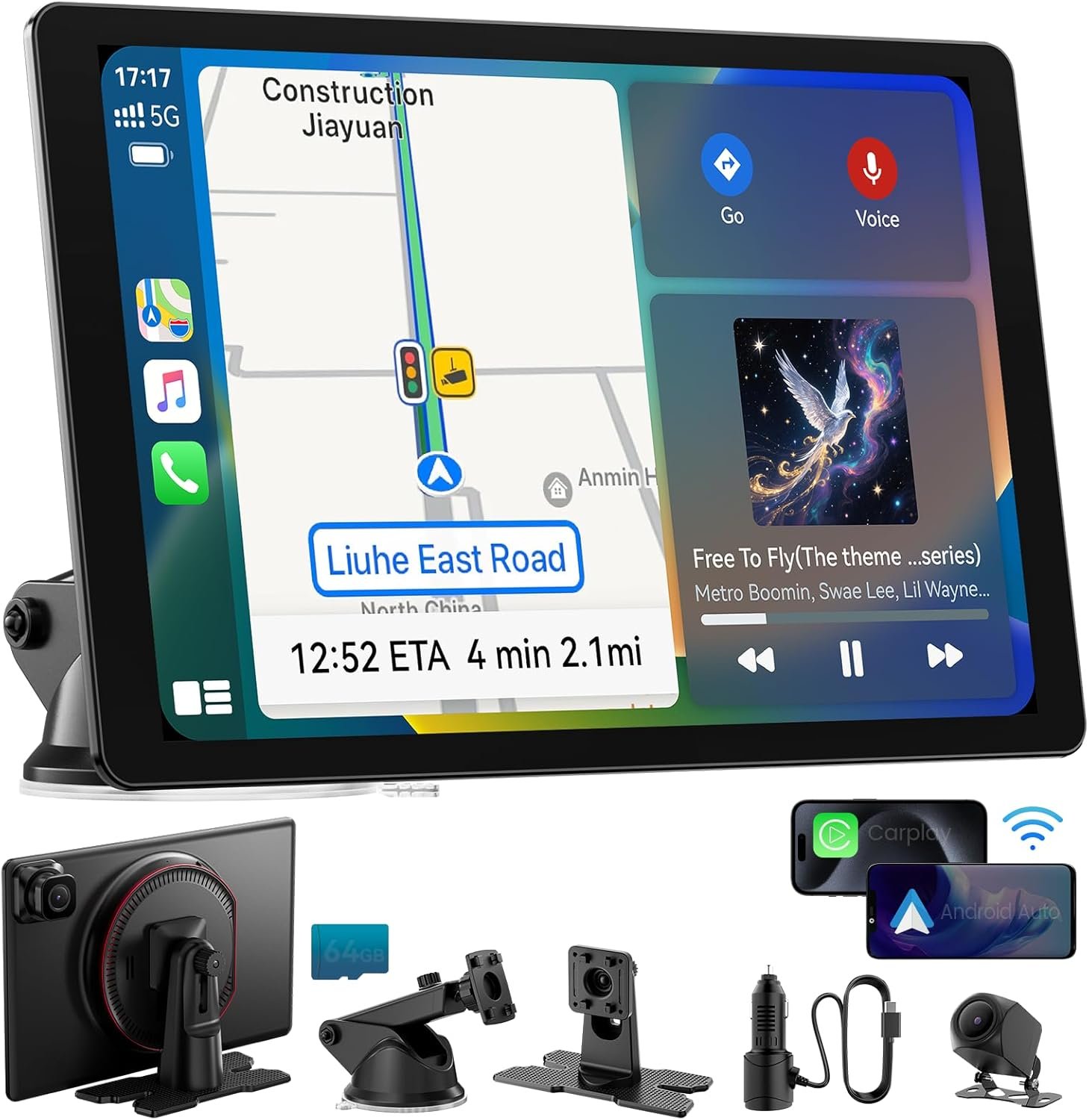 11″ Extra Large Wireless Apple CarPlay Screen for Car – Ultra-Slim 0.16 Inch Touchscreen Car Stereo with Android Auto, 4K Dash Cam, 1080p Backup Camera, GPS, Mirror Link, Voice Control