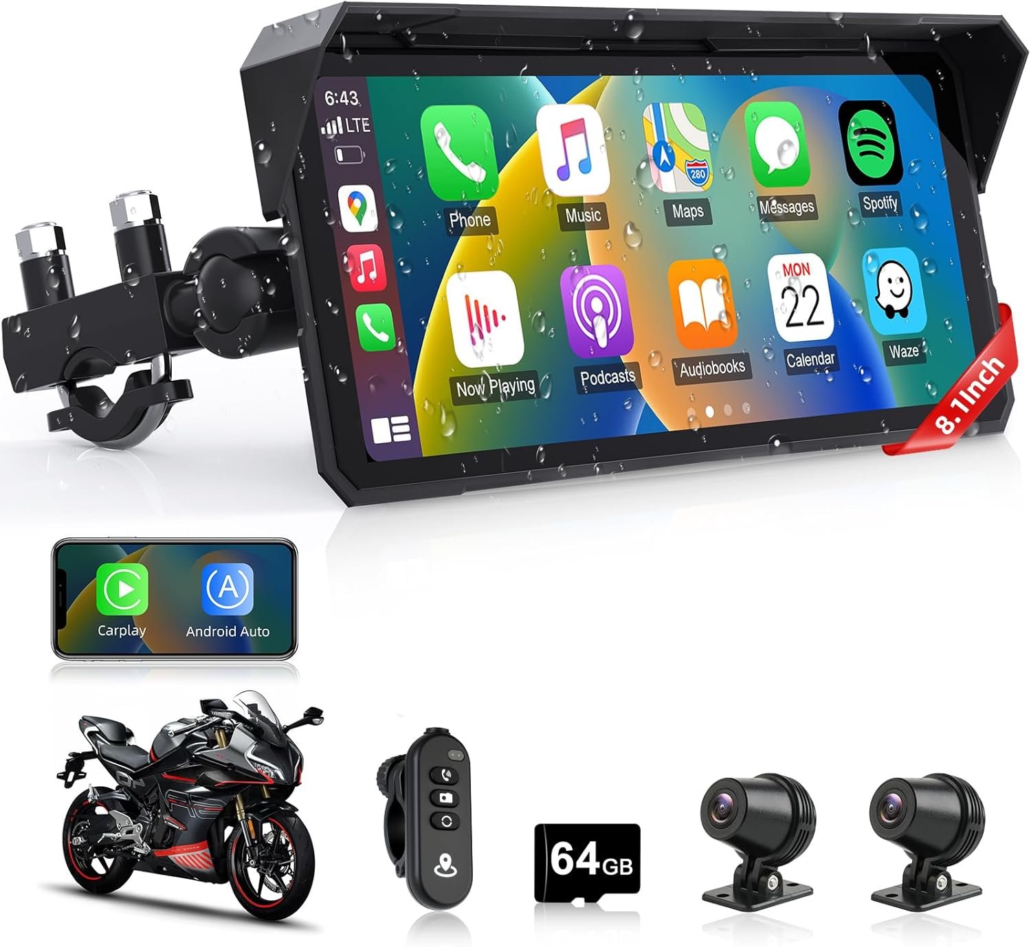 8.1″ 4K Motorcycle CarPlay Screen w 4K Dash Cam Wireless Carplay Android Auto Screen for Motorcycle with GPS Navigation Voice Control WiFi Video Dual Bluetooth IPX7 Waterproof TF-64G Wired Control