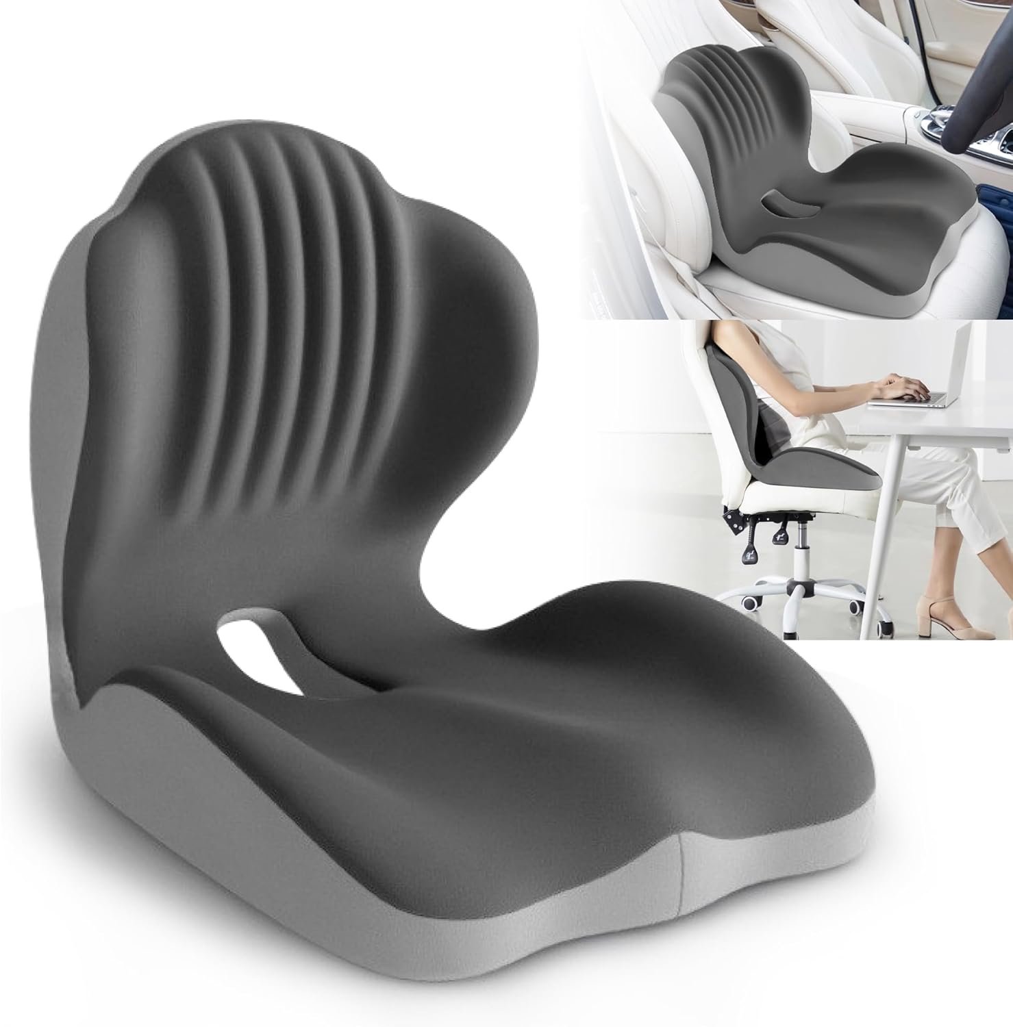 Ergonomic Waist Support and Seat Cushion, 2-in-1 Memory Foam Pad, Hollow Design for Coccyx, Suitable for Office Chairs, Car Safety Seats and Household Use – Relieves Lower Back and Hip Pain (Grey)