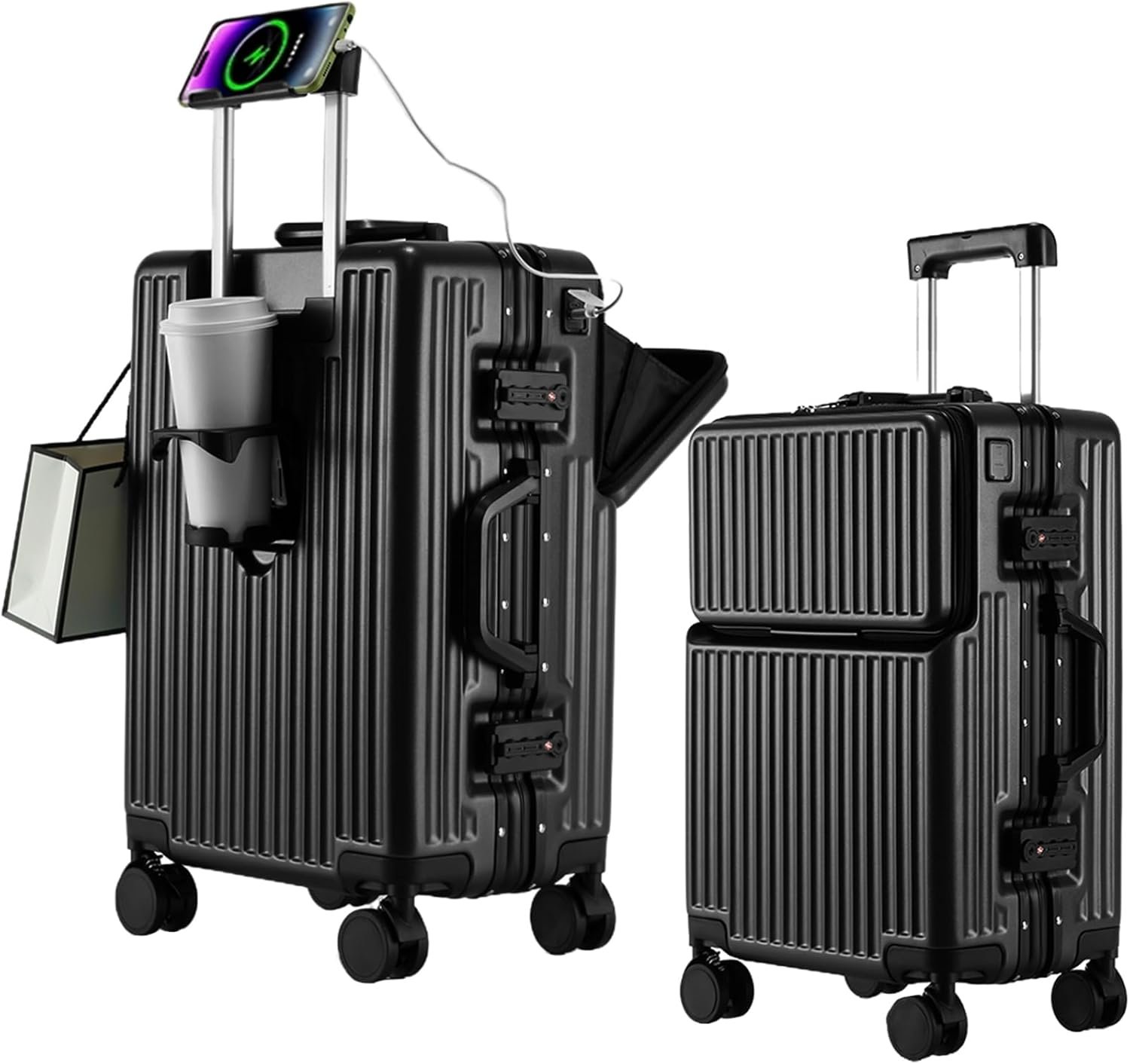2-Piece Hardshell Zipperless Luggage Set, 20/26″ Aluminum Frame Hardshell Spinner Luggage, Airline Approved Carry-On Luggage, TSA Lock, 360° Quiet Wheels With Cup Holder (Black)