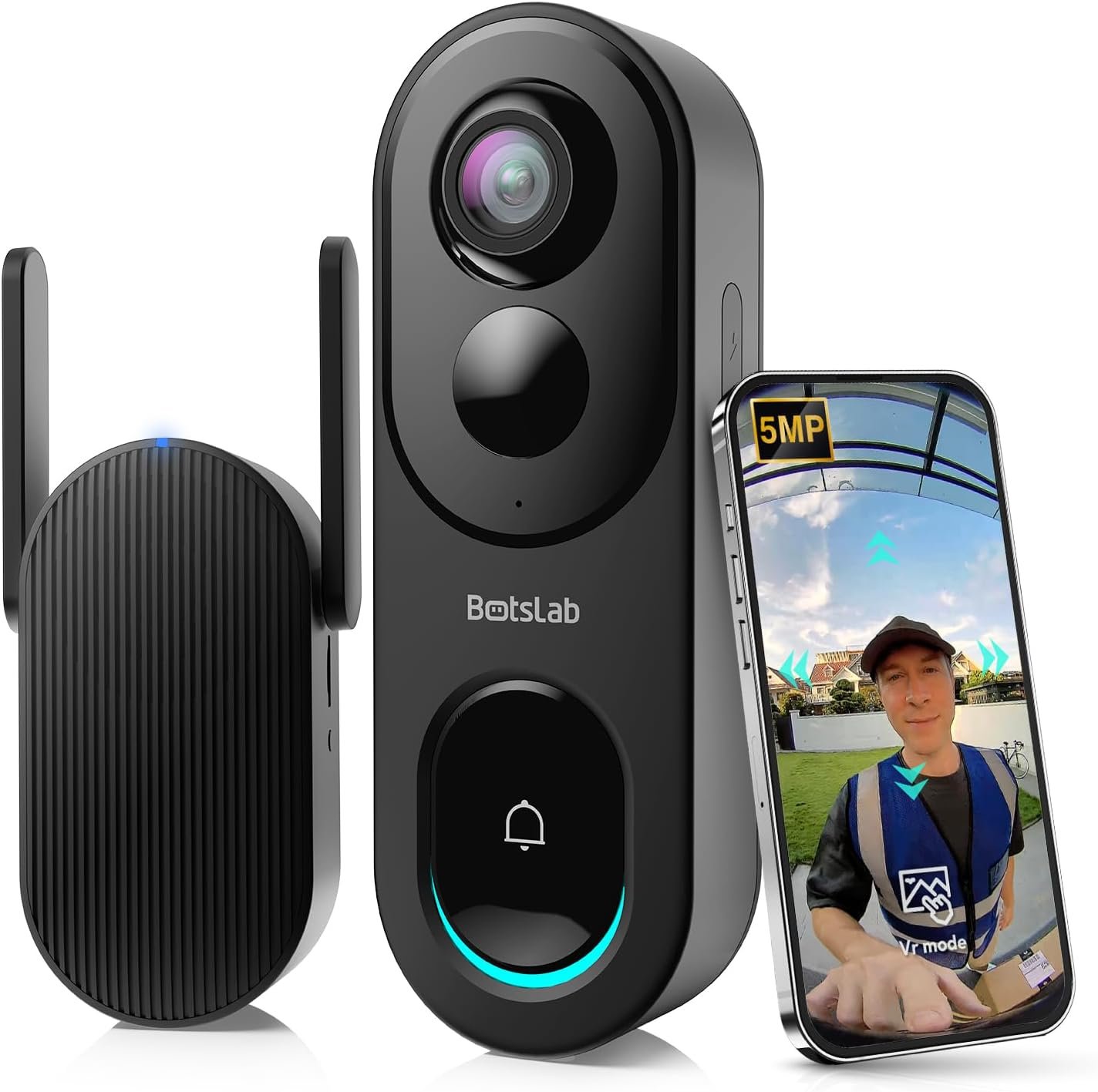 BOTSLAB Doorbell Camera Wireless, 5MP Video Doorbell, 180°Panoramic View, No Monthly Fee, 2.4 GHz WiFi, AI Motion Detection, VR Mode