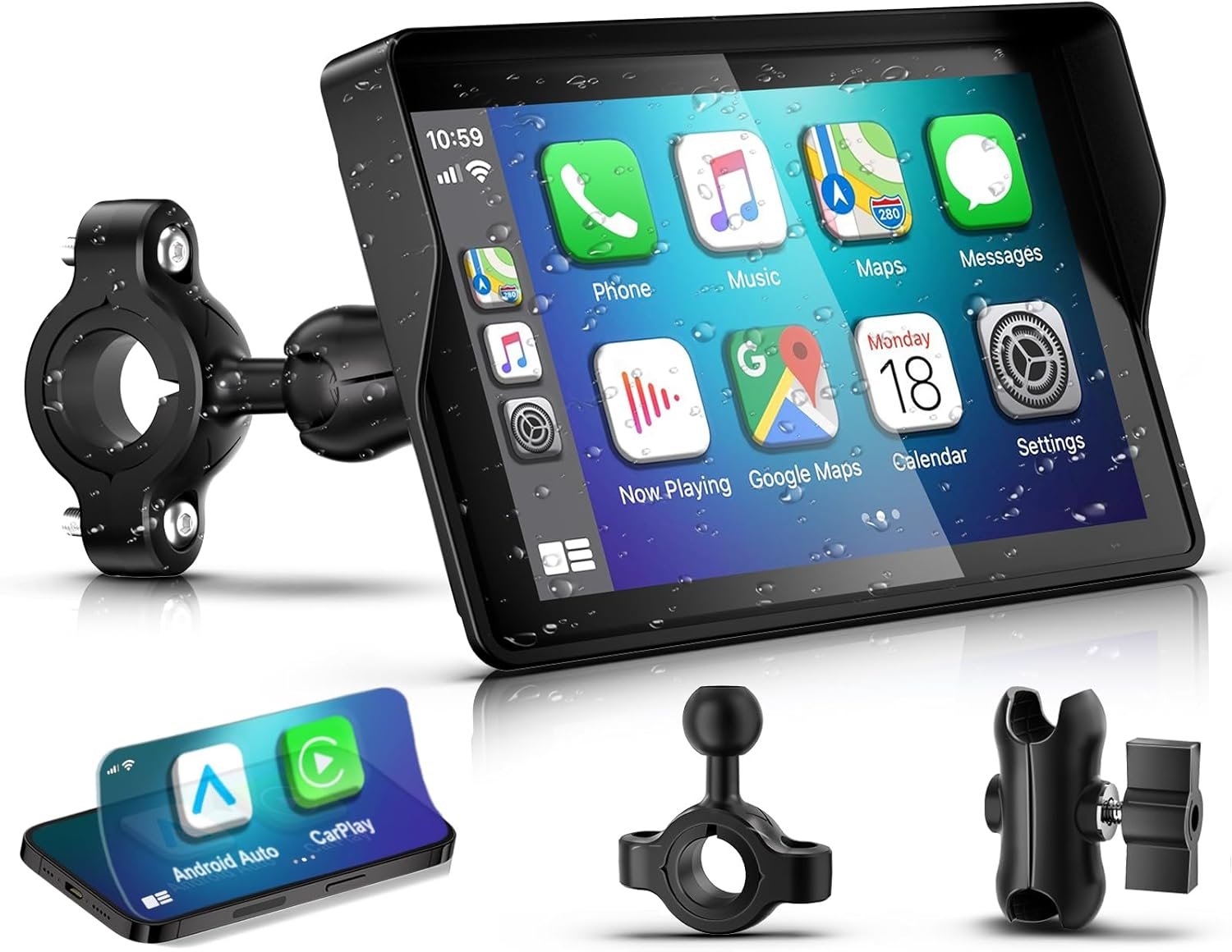 2026 YZW GPS Carplay 5 inch for Motorcycle with Wireless CarPlay & Android Auto, IP69K Waterproof Touch Screen, GPS Navigation, Supports Bluetooth, Siri/Google Voice Control, Custom Boot Logo, Bracket
