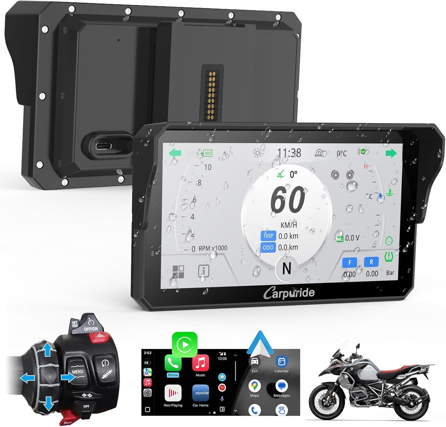 Carpuride W602BSPRO for BMW Motorcycle Carplay & Android Auto 6.25″ IP67 Waterproof Car Play Moto GPS Navigation Screen with Dual Bluetooth, Data Reading, OTA, Wonder Control, TPMS, Compass, Barometer