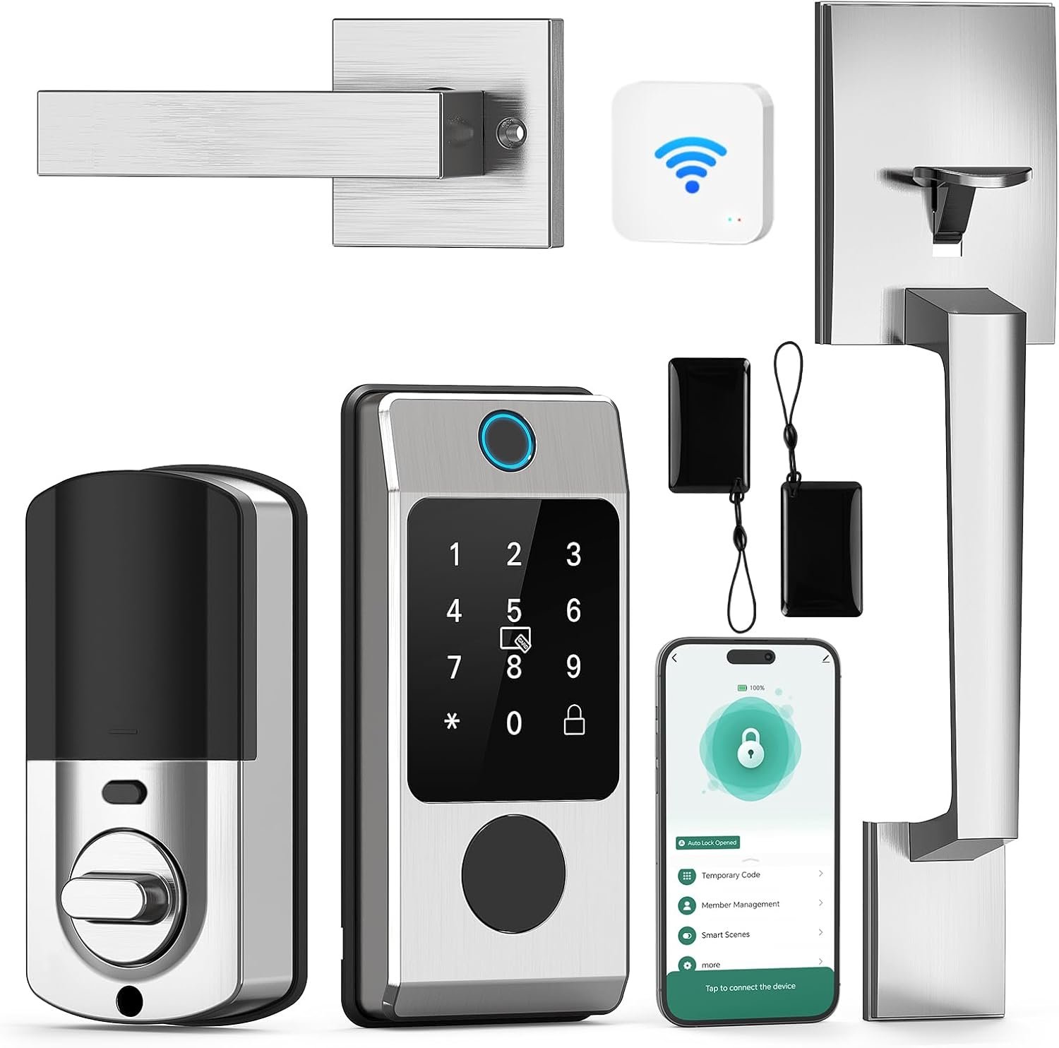WiFi Front Door Lock Set with Handle, Featuring Fingerprint Keyless Entry, Smart Keypad with Lever Handles, Electronic Screen + WiFi Gateway, App Control, Auto-Lock, and Voice Control-Silver