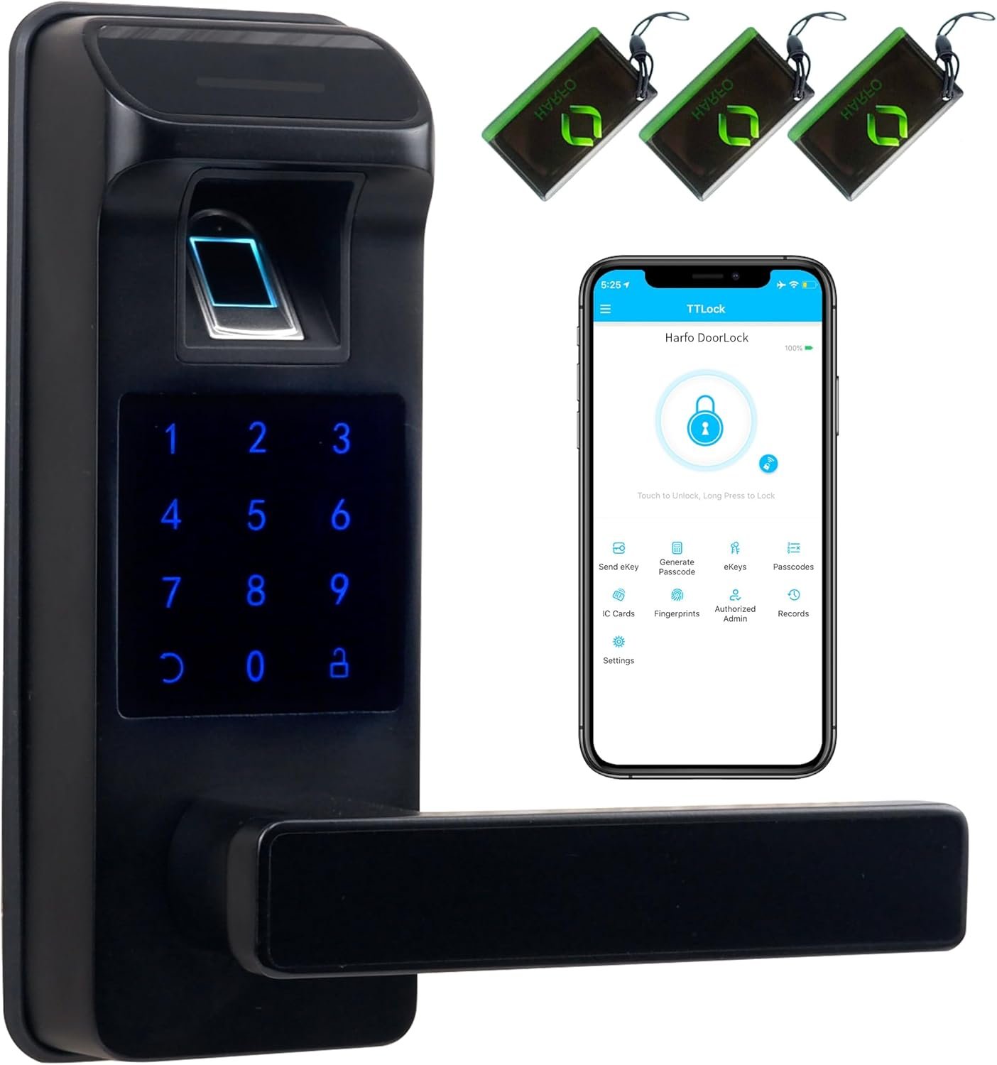Smart Door Lock, Heavy Duty 5 in 1 Keyless Entry Door Lock, Full App Control Digital Keypad Lock, Reversible Handle with Fingerprints and Passcodes for Family/Office/Apartment (Black)