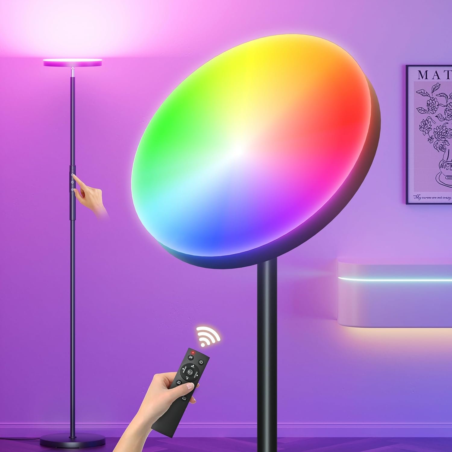 Yikuneng RGB Torchiere Floor Lamps for Living Room, 3600LM 36W Bright LED Standing Lamp with Remote, Modern Color Changing Tall Lamp with Stepless Dimming, 69″ Corner Floor Lamp for Bedroom, Office