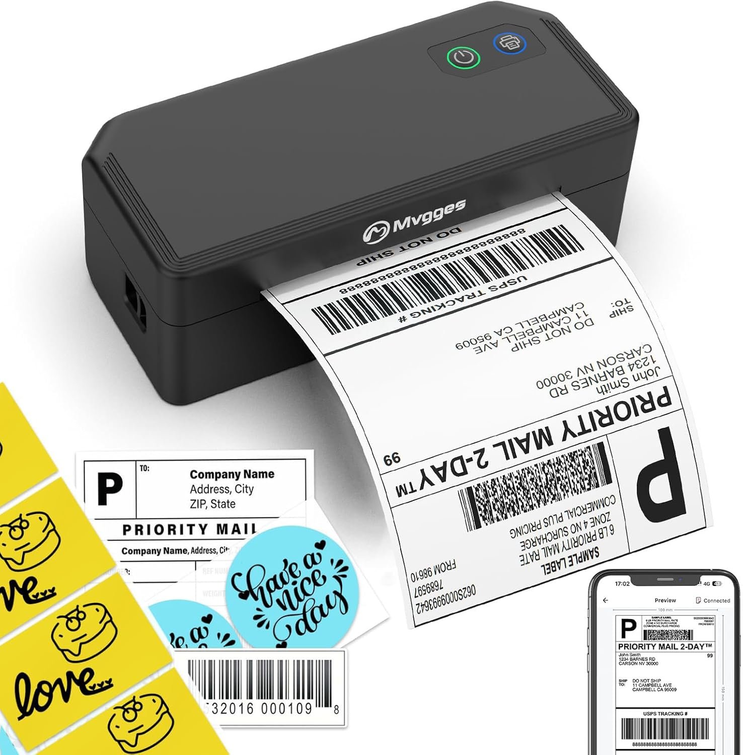 Mvgges Shipping Label Printer,Bluetooth 4×6 Thermal Label Printer for Small Business Office or Home, Compatible with Android, iOS, Windows and Mac, Widely Used for Amazon,USPS,Etsy