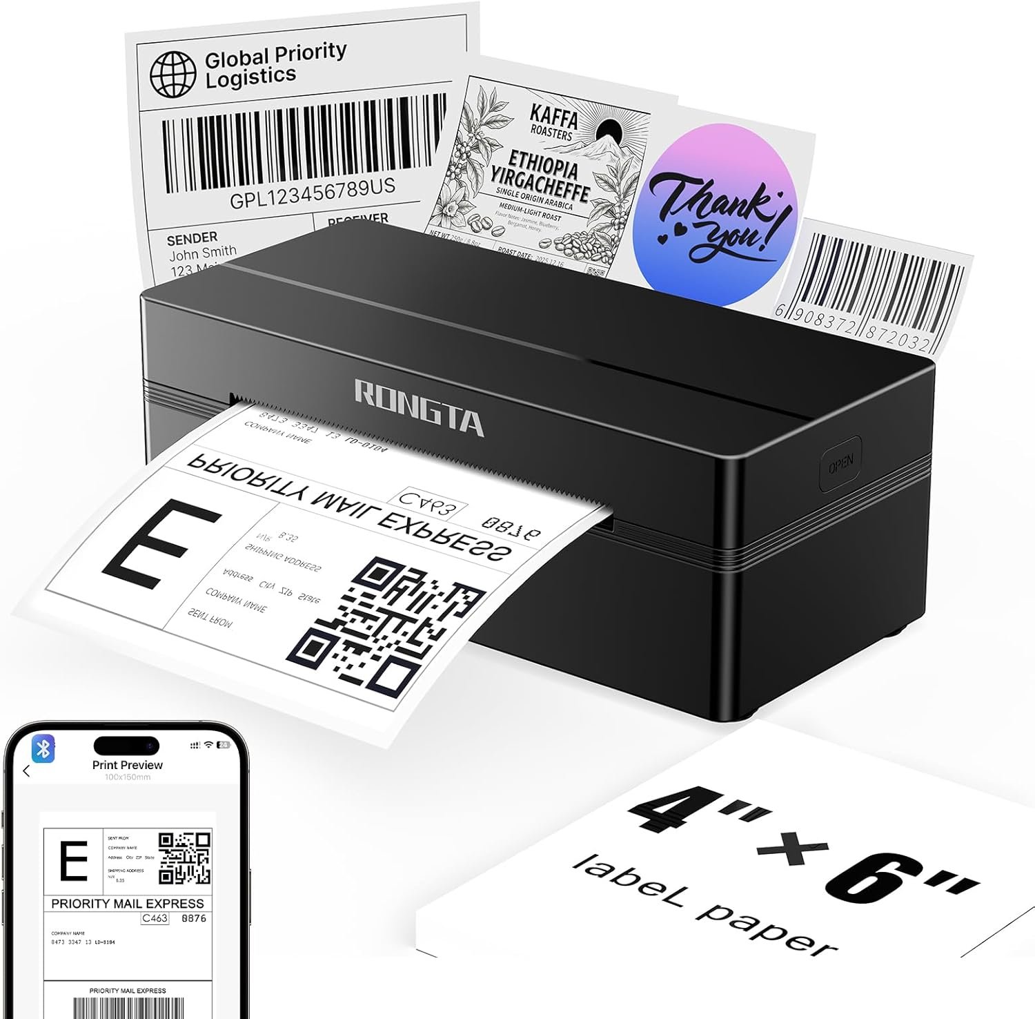 Rongta Bluetooth Shipping Label Printer, Wireless 4×6 Thermal Label Printer for Shipping Packages, Support Android, iPhone, Widely Used for Amazon, Ebay, Shopify, Etsy, UPS, Black