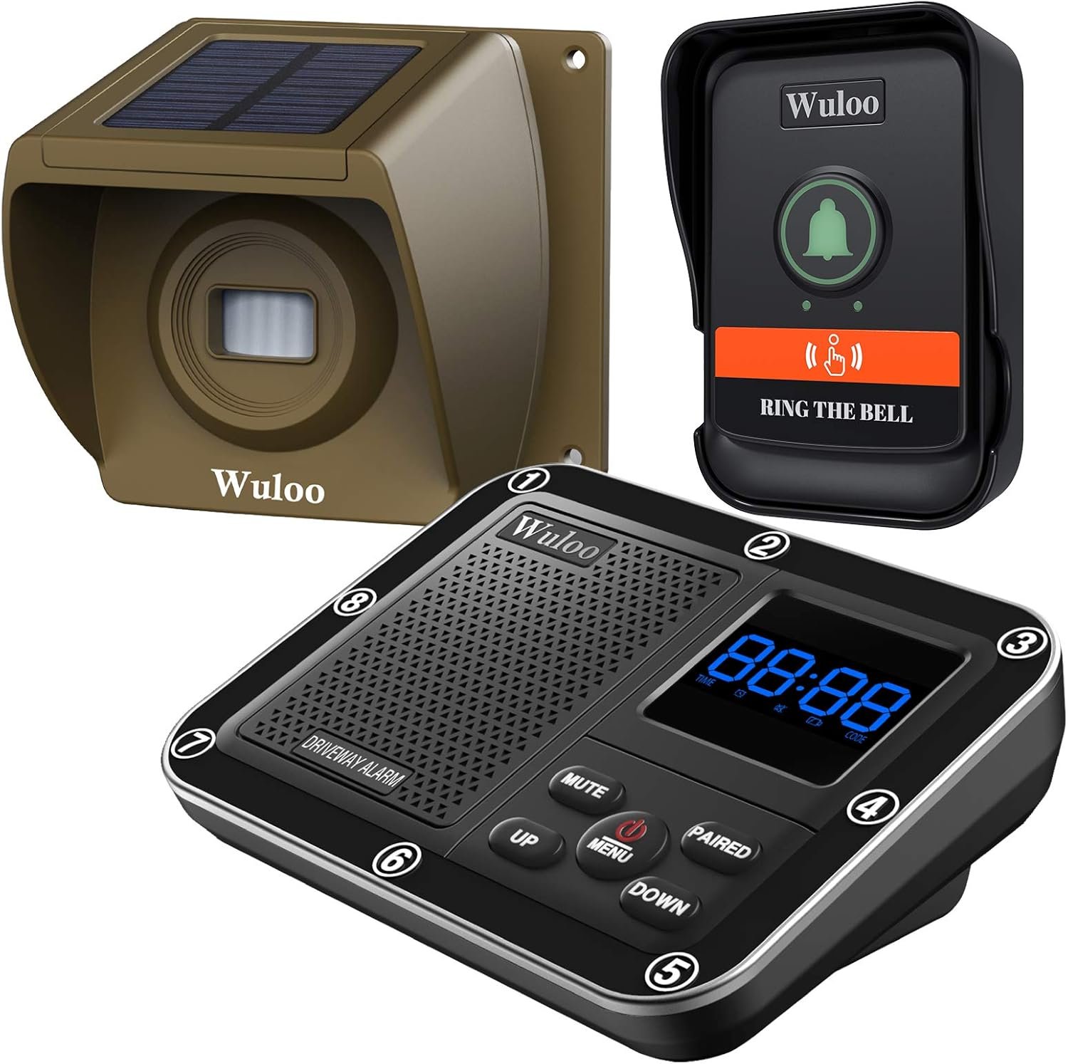 Wuloo Wireless Doorbells for Home, Solar Driveway Alarm, Multifunctional Wireless Home Security System, Rechargeable Battery/Weatherproof/Mute Mode/Clock and Alarm (1 Receiver 1 Sensor 1 Doorbell)