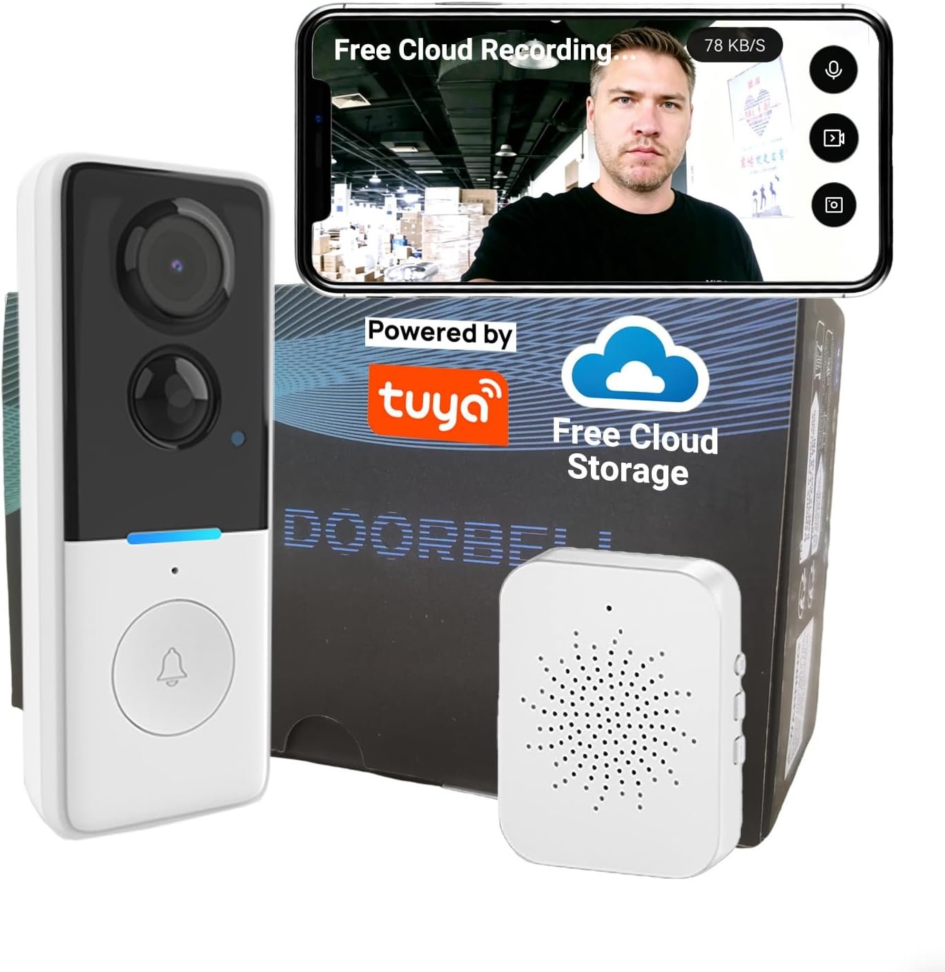 Wireless Doorbell Camera with Lifetime Free Cloud Storage, No Subscription No Hidden Fees, AI Human Detection, 720P HD Night Vision, Two-Way Audio, Battery Powered, Tuya Smart APP
