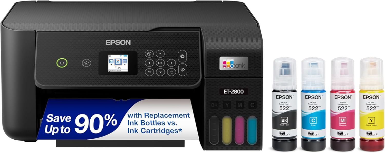 Epson EcoTank ET-2800 Wireless Color All-in-One Cartridge-Free Supertank with Scan and Copy, The Ideal Basic Home Printer – Black