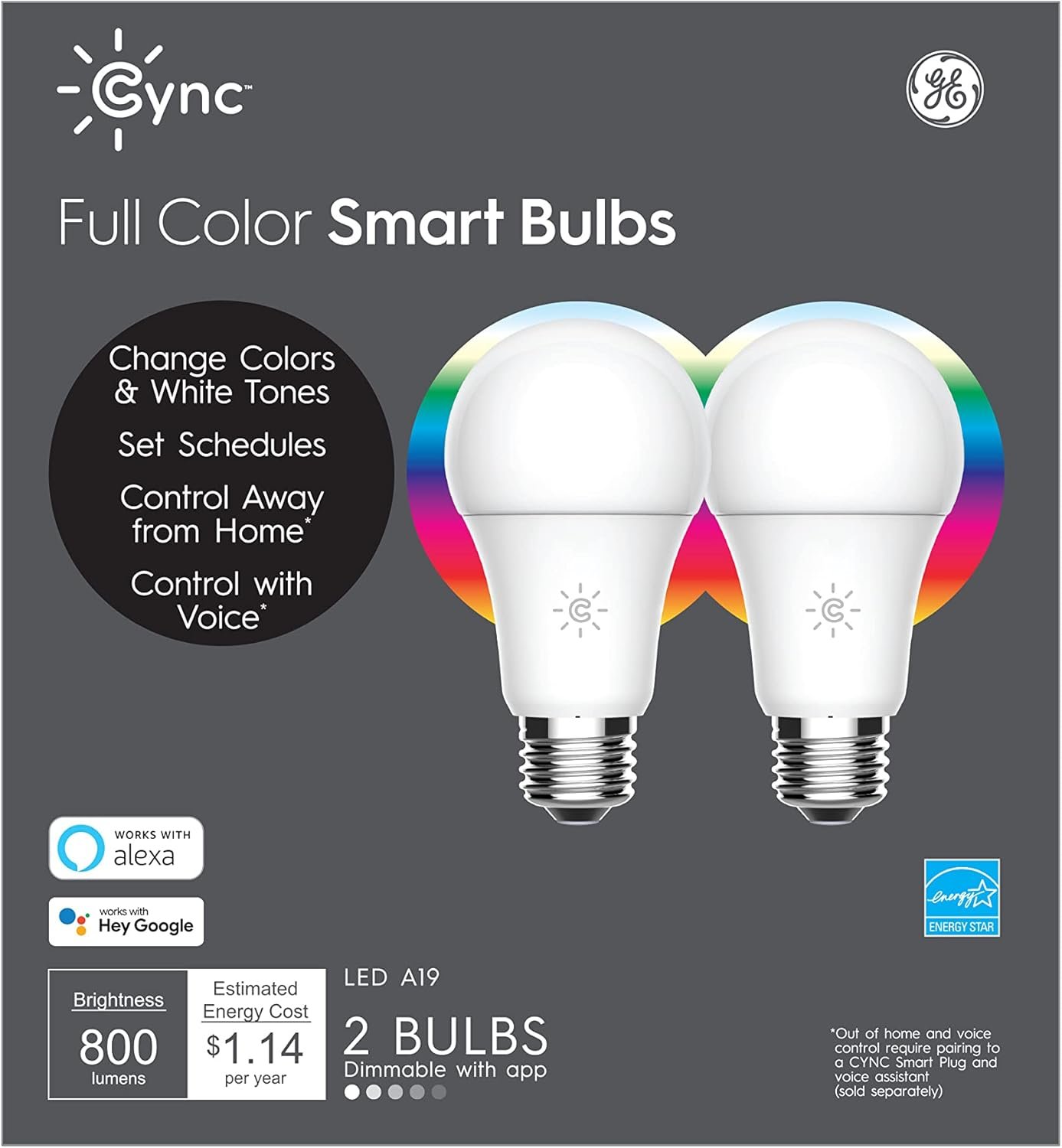 GE CYNC Smart LED Light Bulbs, Color Changing, Bluetooth Enabled, Christmas Lights and Holiday Décor, Compatible with Alexa and Google (2 Pack)