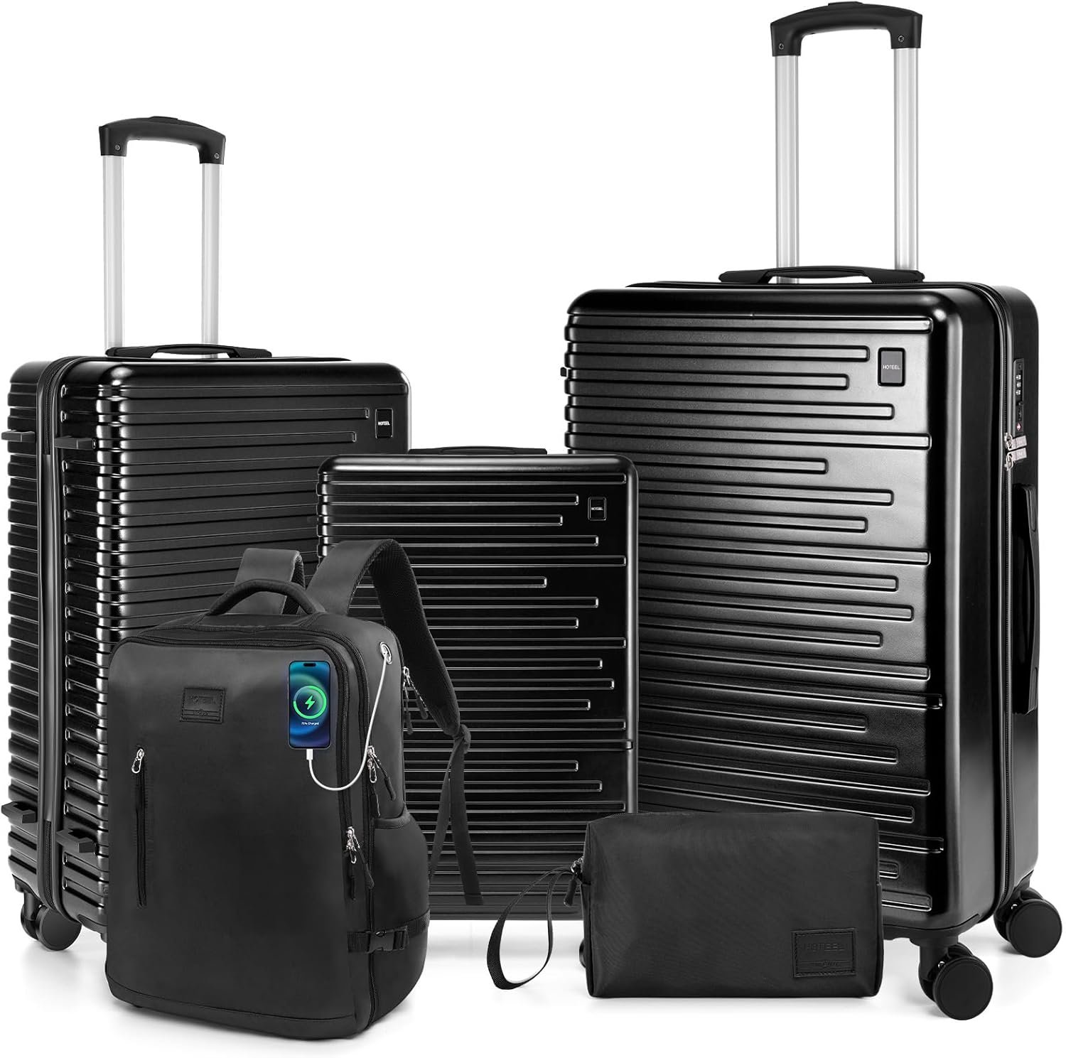 Hoteel Luggage Sets 5 Piece, 4-Yr Warranty Durable Suitcase Dual-Spinner Wheel TSA Lock, Lightweight Travel Hardshell PC+ABS Carry on Luggage for Men&Women, Black(20in/24in/28in/BP/TB)