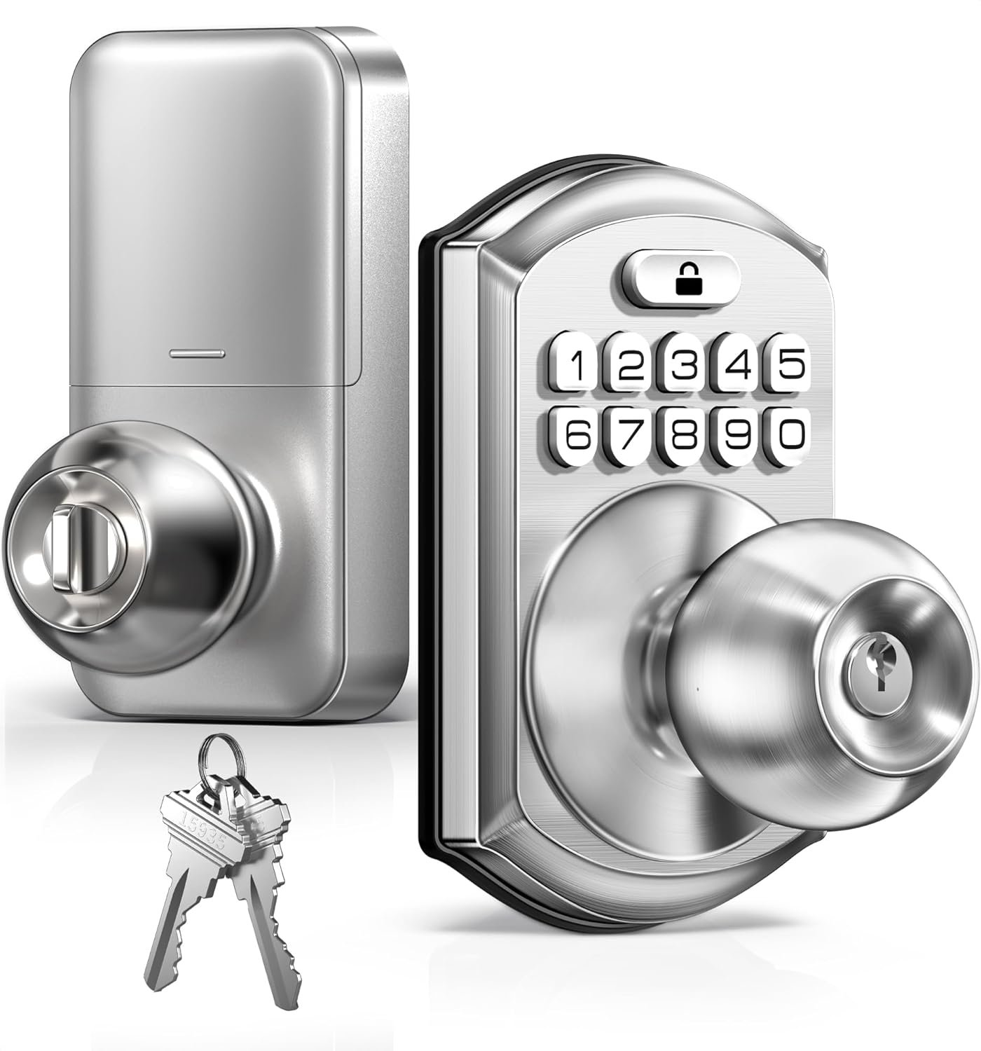 TEEHO TE003 Keyless Entry Keypad Door Lock with Handle, Electronic Digital Smart Locks for Front Door, Smart Door Knob with Code for Bedroom, Auto Lock, Passage Mode, Easy to Install, Satin Nickel