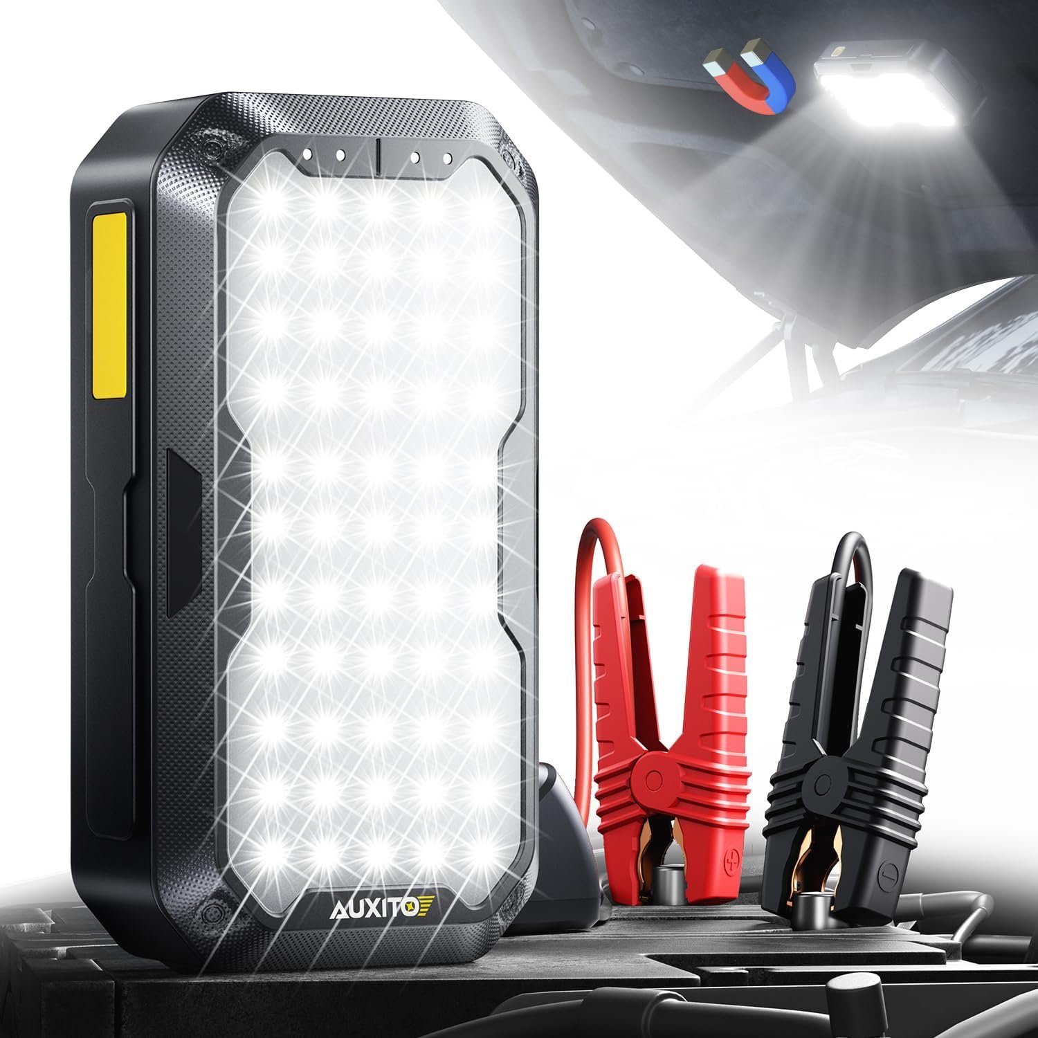 AUXITO Portable Jump Starter – 4000A Car Battery Jump Starter(8L Gas/7L Diesel) 2000LM Camping Light, 12V Jump Box with 4 Modes Working Light and 2 Hook, Portable Charger and Jump Cables